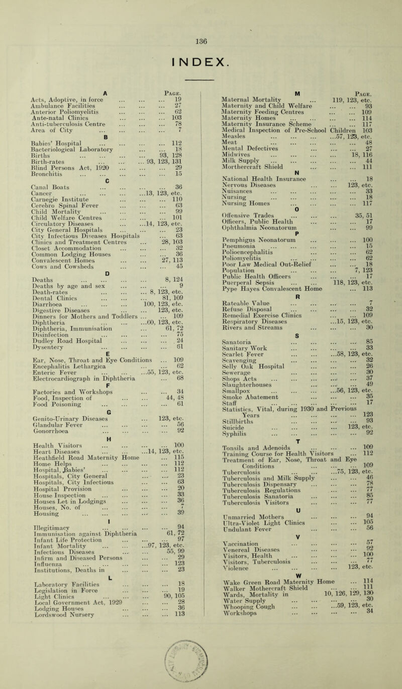 I N DEX. Acts, Adoptive, in force Ambulance Facilities Anterior Poliomyelitis Ante-natal Clinics Anti-tuberculosis Centre Area of City B Babies’ Hospital Bacteriological Laboratory Births Birth-rates Blind Persons Act, 1920 Bronchitis Page. . 19 27 62 103 78 ... 112 18 93, 128 93, 123, 131 ... 29 ... 15 Canal Boats ... ... ... ... 36 Cancer ... ... ... ...13, 123, etc. Carnegie Institute ... ... ... 110 Cerebro Spinal Fever ... ... ... 63 Child Mortality ... ... ... ... 99 Child Welfare Centres ... ... ... 101 Circulatory Diseases ... ...14, 123, etc. Chty General Hospitals ... ... ... 23 City Infectious Diseases Hospitals ... 63 Clinics and Treatment Centres ... 28, 103 Closet Accommodation ... ... ... 32 Common Lodging Houses ... ... 36 Convalescent Homes ... ... 27, 113 Cows and Cowsheds ... ... ... 45 D Deaths ... ... ... ... 8, 124 Deaths by age and sex ... ... ... 9 Death-rates ... ... ... 8, 123, etc. Dental Clinics ... ... ... 81, 109 Diarrhoea ... ... ... 100, 123, etc. Digestive Diseases ... ... 123, etc. Dinners for Mothers and Toddlers ... ... 109 Diphtheria ... .... ...60, 123, etc. Diphtheria, Immunisation ... 61, 72 Disinfection ... ... ... ... 75 Dudley Road Hospital ... ... ... .24 Dysentery ... ... ... ... 81 E Ear, Nose, Throat and Eye Conditions ... 109 Encephalitis Lethargica ... ... 62 Enteric Fever ... ... ...55, 123, etc. Electrocardiograph in Diphtheria ... 68 F Factories and Workshops ... ... 34 Food, Inspection of ... ... 44, 48 Food Poisoning ... ... ... ... 61 Genito-Urinary Diseases Glandular Fever Gonorrhoea H Health Visitors Heart Di.sea.ses Heathfield Road Maternity Home Home Helps Hospital, Rabies’ Hospitals, City General Hospitals, City Infectious Hospital Provision House Inspection Houses Let in Lodgings Houses, No. of Housing Illegitimacy ... Immunisation against Diphtheria Infant Life Protection Infant Mortality Infectious Diseases Infirm and Diseased Persons Influenza ... ... Institutions, Deaths in L Laboratory Facilities Legishation in Force Light Clinics lyocal Government Act, 1929 Lodging Houses Lordswood Nursery 123, etc. 56 92 100 ...14, 123, etc. ... 115 112 112 23 63 20 33 36 7 39 94 61, 72 97 ...97, 123, etc. 55, 99 29 123 23 18 19 90, 105 28 36 113 M Page. Maternal Mortality 119, 123, etc. Maternity and Child Welfare 93 Maternity Feeding Centres ... 109 Maternity Homes 114 Maternity Insurance Scheme 117 Medical Inspection of Pre-School Children 103 Measles ...57, 123, etc. Meat 48 IMental Defectives 27 Midwives 18, 116 Milk Supply 44 Morthercraft Shield N National Health Insurance Ill 18 Nervous Diseases 123, etc. Nuisances 33 Nursing 18 Nursing Homes 117 u Offensive Trades 35, 51 Officers, Public Health 17 Ophthalmia Neonatorum P 99 Pemphigus Neonatorum 100 Pneumonia 15 Polioencephalitis 62 Poliomyelitis 62 Poor Law Medical Out-Relief 18 Population 7, 123 Public Health Officers 17 Puerperal Sepsis 118, 123, etc. Pype Hayes Convalescent Home ... 113 R Rateable Value 7 Refuse Disposal !!! 32 Remedial Exercise Clinics 109 Respiratory Diseases ...15, 123, etc. Rivers and Streams 30 S Sanatoria 85 Sanitary Work 33 Scarlet Fever ...58, 123, etc. Scavenging 32 Selly Oak Hospital 26 Sewerage 30 Shops Acts 37 Slaughterhouses ... 49 Smallpox ...56, 123, etc. Smoke Abatement 35 Staff ... 17 Statistics, Vital, during 1930 and Previous Years ... 123 Stillbirths 93 wSuicide 123, etc. Syphilis 92 T Tonsils and Adenoids 109 Traininsc Course for Health Visitors ... 112 Treatment of Ear, Nose, Throat and Eye Conditions 109 Tuberculosis ...75, 123, etc. Tul>erculosis and Milk Supply 46 Tuberculosis Dispensary 78 Thberculosis Regulations 77 Tuberculosis Sanatoria 85 Tuberculosis Visitors 77 U Unmarried Mothers 94 intra-Violet Light Clinics 105 Undulant Fever 56 V Vaccination 57 Venereal Diseases 92 Visitors, Health 100 Visitors, Tuberculosis ... ... 77 Violence 123, etc. W Wake Green Road Maternity Home ... 114 Walker Mothercraft Shield Ill Wards, Mortality in 10, 126, 129, loO Water Supply iJU Whooping Cough ...59, 123, etc. Workshops ... ... o4
