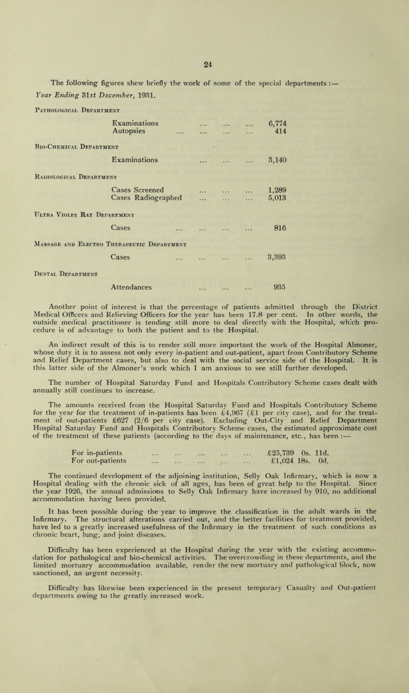 The following figures shew briefly the work of some of the special departments :— Year Ending 31st December, 1981. Pathological Department Examinations ... ... ... 6,774 Autopsies ... ... ... ... 414 Bio-Chemical Department Examinations ... ... ... 3,140 Radiological Department Cases Screened ... ... ... 1,289 Cases Radiographed ... ... ... 5,013 Ultra Violet Ray Department Cases ... ... ... ... 816 Massage and Electro Therapeutic Department Cases ... ... ... ... 3,393 Dental Department Attendances ... ... ... 935 Another point of interest is that the percentage of patients admitted through the District Medical Officers and Relieving Officers for the year has been 17.8 per cent. In other words, the outside medical practitioner is tending still more to deal directly with the Hospital, which pro- cedure is of advantage to both the patient and to the Hospital. An indirect result of this is to render still more important the work of the Hospital Almoner, whose duty it is to assess not only every in-patient and out-patient, apart from Contributory Scheme and Relief Department cases, but also to deal with the social service side of the Hospital. It is this latter side of the Almoner’s work which I am anxious to see still further developed. The number of Hospital Saturday Fund and Hospitals Contributory Scheme cases dealt with annually still continues to increase. The amounts received from the Hospital Saturday Fund and Hospitals Contributory Scheme for the year for the treatment of in-patients has been £4,967 (£1 per city case), and for the treat- ment of out-patients £627 (2/6 per city case). Excluding Out-City and Relief Department Hospital Saturday Fund and Hospitals Contributory Scheme cases, the estimated approximate cost of the treatment of these patients (according to the days of maintenance, etc., has been :— For in-patients ... ... ... £25,739 Os. lid. For out-patients ... ... ... ... ... £1,024 18s. Od. The continued development of the adjoining institution, Selly Oak Infirmary, which is now a Hospital dealing with the chronic sick of all ages, has been of great help to the Hospital. Since the year 1926, the annual admissions to Selly Oak Infirmary have increased by 910, no additional accommodation having been provided. It has been possible during the year to improve the classification in the adult wards in the Infirmary. The structural alterations carried out, and the better facilities for treatment provided, have led to a greatly increased usefulness of the Infirmary in the treatment of such conditions as chronic heart, lung, and joint diseases. Difficulty has been experienced at the Hospital during the year with the existing accommo- dation for pathological and bio-chemical activities. The overcrowding in these departments, and the limited mortuary accommodation available, render the new mortuary and pathological block, now sanctioned, an urgent necessity. Difficulty has likewise been experienced in the present temporary Casualty and Out-patient departments owing to the greatly increased work.