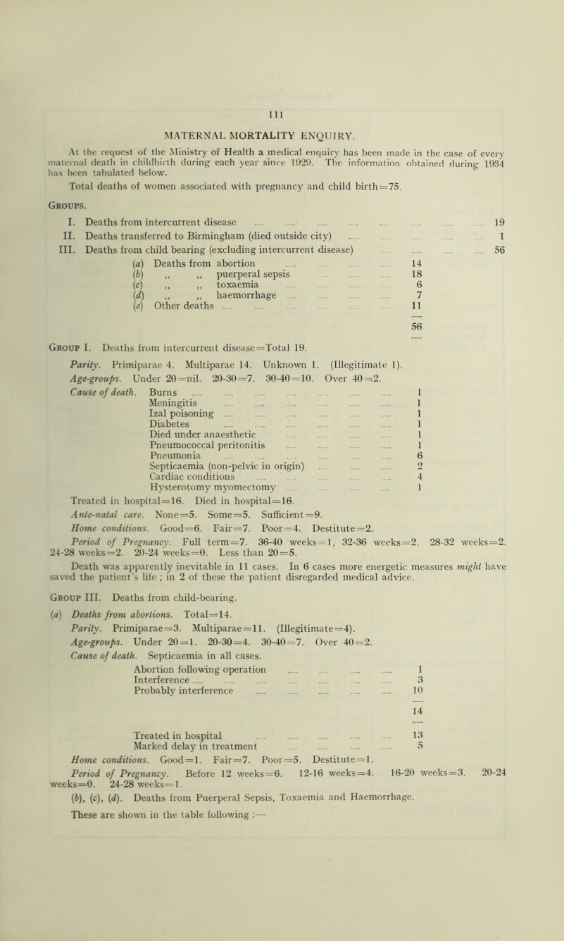 MATERNAL MORTALITY ENQUIRY. .\t the request of the Ministry of Health a medical enquiry has been made in the case of everv malernal deatli in cliildbirth during’ each year since 10’2i*. The information obtained during 1934 has been tabulated below. Total deaths of women associated with pregnancy and child birth=75. Groups. I. Deaths from intercurrent disease II. Deaths transferred to Birmingham (died outside city) III. Deaths from child bearing (excluding intercurrent disease) (a) Deaths from abortion . .. .. . 14 (b) ,, ,, puerperal sepsis . . 18 (c) ,, ,, toxaemia . . . . 6 (d) „ ,, haemorrhage 7 (e) Other deaths 11 56 19 1 56 Group I. Deaths from intercurrent disease=Total 19. Parity. Primiparae 4. Multiparae 14. Unknown 1. (Illegitimate 1). Age-groups. Under 20=nil. 20-30=7. 30-40 = 10. Over 40=;2. Cause of death. Burns .... 1 Meningitis .... 1 Izal poisoning 1 Diabetes 1 Died under anaesthetic 1 Pneumococcal peritonitis 1 Pneumonia 6 Septicaemia (non-pelvic in origin) 2 Cardiac conditions . . . . . .. 4 Hysterotomy myomectomy . . . . .... 1 Treated in hospital=16. Died in hospital = 16. Ante-natal care. None=5. Some=5. Sufficient=9. Home conditions. Good=6. Fair=7. Poor=4. Destitute=2. Period of Pregnancy. Full term=7. 36-40 weeks = l, 32-36 weeks=2. 28-32 weeks=2. 24-28 weeks=2. 20-24 weeks=0. Less than 20=5. Death was apparently inevitable in 11 cases. In 6 cases more energetic measures might have sav’ed the patient’s life ; in 2 of these the patient disregarded medical advice. Group III. Deaths from child-bearing. {a) Deaths from abortions. Total=14. Parity. Primiparae=3. Multiparae = 11. (Illegitimate=4). Age-groufs. Under 20 = 1. 20-30=4. 30-40=7. Over 40=2. Cause of death. Septicaemia in all cases. Abortion following operation 1 Interference 3 Probably interference 10 14 Treated in hospital 13 Marked delay in treatment 5 Home conditions. Good = l. Fair=7. Poor=5. Destitute = l. Period of Pregnancy. Before 12 weeks=6. 12-16 weeks=4. 16-20 weeks=3. 20-24 weeks=0. 24-28 weeks = l. {b), (c), (d). Deaths from Puerperal Sepsis, Toxaemia and Haemorrhage. These are shown in the table following :—