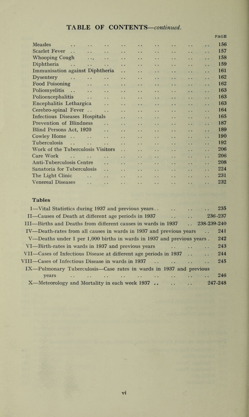 PAGE Measles .. .. . . . . .. .. .. . . .. 156 Scarlet Fever . . . . . . . . . . . . . . . . . . 157 Whooping Cough .., . . . . . . . . . . .. . . 158 Diphtheria . . . . . . . . . . . . . . . . . . 159 Immunisation against Diphtheria .. .. .. .. .. 161 Dysentery . . .. . . .. .. . . .. .. . . 162 Food Poisoning . . . . . . .. . . . . . . . . 162 Poliomyelitis . . . . . . . . . . . . . . . . . . 163 Polioencephalitis . . . . . . .. . . .. . . . . 163 Encephalitis Lethargica . . .. . . . . . . . . . . 163 Cerebro-spinal Fever . . . . . . .. . . . . . . . . 164 Infectious Diseases Hospitals .. . . . . . . . . . . 165 Prevention of Blindness . . . . . . . . . . . . . . 187 Blind Persons Act, 1920 . . . . .. . . . . . . . . 189 Cowley Home , . . . . . . . . . . . . . . . . . 190 Tuberculosis . . . . . . . . . . . . . . .. . . 192 Work of the Tuberculosis Visitors . . . . . . . . . , . . 206 Care Work 206 Anti-Tuberculosis Centre .. . . . . . . . . . . . . 208 Sanatoria for Tuberculosis . . . . . . . . . . . . . . 224 The Light Clinic . . . . . . . . . . . . . . . . 231 Venereal Diseases . . . . . . , . . . . . . . . . 232 Tables 1—Vital Statistics during 1937 and previous years. . . . . . . . 235 II—Causes of Death at different age periods in 1937 .. . . 236-237 III— Births and Deaths from different causes in wards in 1937 . . 238-239-240 IV— Death-rates from all causes in wards in 1937 and previous years . . 241 V—Deaths under 1 per 1,000 births in wards in 1937 and previous years . 242 VI—Birth-rates in wards in 1937 and previous years . . . . . . 243 VII—Cases of Infectious Disease at different age periods in 1937 . . . . 244 VIII—Cases of Infectious Disease in wards in 1937 . . . . . . . . 245 IX—Pulmonary Tuberculosis—Case rates in wards in 1937 and previous years . . . . . . . . . . . . . . . , . . 246 X—Meteorology and Mortality in each week 1937 .. .. . . 247-248