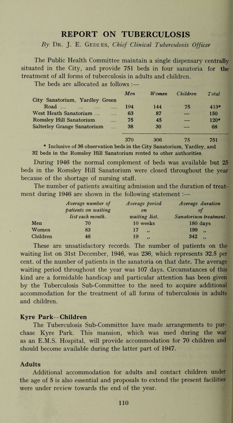 REPORT ON TUBERCULOSIS By Dr. J. E. Gedl-es, Chief Clinical Tuberculosis Officer The Public Health Committee maintain a single dispensary centrally situated in the City, and provide 751 beds in four sanatoria for the treatment of all forms of tuberculosis in adults and children. The beds are allocated as follows :— Men Women Children Total City Sanatorium, Yardley Green Road 194 144 75 413* West Heath Sanatorium 63 87 — 150 Romsley Hill Sanatorium 75 45 — 120* Salterley Grange Sanatorium 38 30 — 68 370 306 75 751 * Inclusive of 36 observation beds in the City Sanatorium, Yardley, and 32 beds in the Romsley Hill Sanatorium rented to other authorities. During 1946 the normal complement of beds was available but 25 beds in the Romsley Hill Sanatorium were closed throughout the year because of the shortage of nursing staff. The number of patients awaiting admission and the duration of treat- ment during 1946 are shown in the following statement :— Average number of Average period Average duration patients on waiting on of list each month. waiting list. Sanatorium treatment. Men 70 10 weeks 180 days Women 83 17 199 Children 46 19 342 „ These are unsatisfactory records. The number of patients on the waiting list on 31st December, 1946, was 236, which represents 32.5 per cent, of the number of patients in the sanatoria on that date. The average waiting period throughout the year was 107 days. Circumstances of this kind are a formidable handicap and particular attention has been given by the Tuberculosis Sub-Committee to the need to acquire additional accommodation for the treatment of all forms of tuberculosis in adults and children. Kyre Park—Children The Tuberculosis Sub-Committee have made arrangements to pur- chase Kyre Park. This mansion, which was used during the war as an E.M.S. Hospital, will provide accommodation for 70 children and should become available during the latter part of 1947. Adults Additional accommodation for adults and contact children under the age of 5 is also essential and proposals to extend the present facilities were under review towards the end of the year.