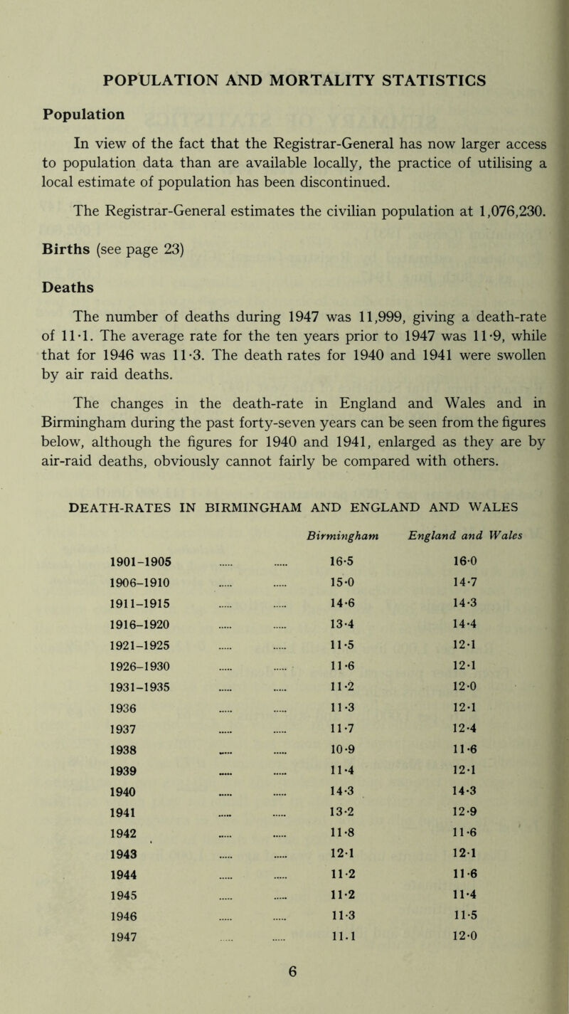 POPULATION AND MORTALITY STATISTICS Population In view of the fact that the Registrar-General has now larger access to population data than are available locally, the practice of utilising a local estimate of population has been discontinued. The Registrar-General estimates the civilian population at 1,076,230. Births (see page 23) Deaths The number of deaths during 1947 was 11,999, giving a death-rate of IIT. The average rate for the ten years prior to 1947 was 1T9, while that for 1946 was 1T3. The death rates for 1940 and 1941 were swollen by air raid deaths. The changes in the death-rate in England and Wales and in Birmingham during the past forty-seven years can be seen from the figures below, although the figures for 1940 and 1941, enlarged as they are by air-raid deaths, obviously cannot fairly be compared with others. DEATH-RATES IN BIRMINGHAM AND ENGLAND AND WALES Birmingham England and Wales 1901-1905 16-5 160 1906-1910 15*0 14-7 1911-1915 14-6 14-3 1916-1920 13-4 14-4 1921-1925 11-5 12-1 1926-1930 11-6 12-1 1931-1935 11-2 12-0 1936 11*3 12-1 1937 11-7 12-4 1938 ..... 10-9 11-6 1939 ..... 11-4 12-1 1940 14-3 14-3 1941 13*2 12-9 1942 11-8 11-6 1943 12-1 12-1 1944 11-2 11*6 1945 11-2 11-4 1946 11-3 11-5 1947 11.1 12-0