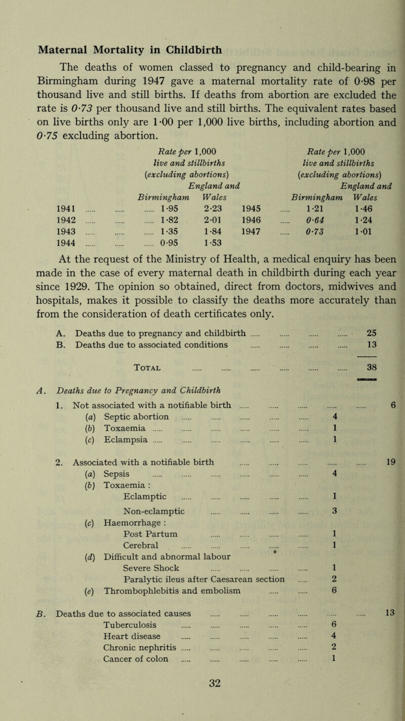 Maternal Mortality in Childbirth The deaths of women classed to pregnancy and child-bearing in Birmingham during 1947 gave a maternal mortality rate of 0-98 per thousand live and still births. If deaths from abortion are excluded the rate is 0-73 per thousand live and still births. The equivalent rates based on live births only are TOO per 1,000 live births, including abortion and 0*75 excluding abortion. Rate per 1,000 Rate per 1,000 live and stillbirths live and stillbirths {excluding abortions) {excluding abortions) England and England and Birmingham Wales Birmingham Wales 1941 1-95 2-23 1945 1-21 T46 1942 1-82 2-01 1946 0'64 1-24 1943 1-35 1-84 1947 0-73 1-01 1944 0-95 1-53 At the request of the Ministry of Health, a medical enquiry has been made in the case of every maternal death in childbirth during each year since 1929. The opinion so obtained, direct from doctors, midwives and hospitals, makes it possible to classify the deaths more accurately than from the consideration of death certificates only. A. Deaths due to pregnancy and childbirth 25 B. Deaths due to associated conditions 13 Total 38 A. Deaths due to Pregnancy and Childbirth 1, Not associated with a notifiable birth 6 {a) Septic abortion 4 (&) Toxaemia 1 (c) Eclampsia 1 2. Associated with a notifiable birth 19 (a) Sepsis 4 {b) Toxaemia : Eclamptic 1 Non-eclamptic 3 {c) Haemorrhage : Post Partum 1 Cerebral 1 {d) Difficult and abnormal labour Severe Shock 1 Paralytic ileus after Caesarean section 2 {e) Thrombophlebitis and embolism 6 B. Deaths due to associated causes 13 Tuberculosis 6 Heart disease 4 Chronic nephritis 2 Cancer of colon 1