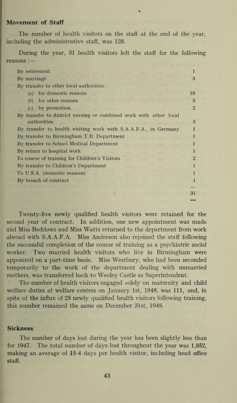 Movement of Staff The number of health visitors on the staff at the end of the year, I including the administrative staff, was 128. During the year, 31 health visitors left the staff for the following reasons :— By retirement 1 By marriage 3 By transfer to other local authorities : (a) for domestic reasons 10 (b) for other reasons 3 .(c) by promotion 2 By transfer to district nursing or combined work with other local authorities 3 By transfer to health visiting work with S.A.A.F.A., in Germany 1 By transfer to Birmingham T.B. Department 1 By transfer to School Medical Department 1 By return to hospital work 1 To course of training for Children’s Visitors 2 By transfer to Children’s Department 1 To U S A. (domestic reasons) 1 By breach of contract 1 31 Twenty-five newly qualified health visitors were retained for the second year of contract. In addition, one new appointment was made and Miss Beddows and Miss Watts returned to the department from work abroad with S.A.A.F.A. Miss Anderson also rejoined the staff following the successful completion of the course of training as a psychiatric social worker. Two married health visitors who live in Birmingham were appointed on a part-time basis. Miss Westbury, who had been seconded temporarily to the work of the department dealing with unmarried mothers, was transferred back to Weoley Castle as Superintendent. The number of health visitors engaged solely on maternity and child welfare duties at welfare centres on January 1st, 1948, was 111, and, in spite of the influx of 25 newly qualified health visitors following training, this number remained the same on December 31st, 1948. Sickness The number of days lost during the year has been slightly less than for 1947. The total number of days lost throughout the year was 1,852, making an average of 15-4 days per health visitor, including head office staff.