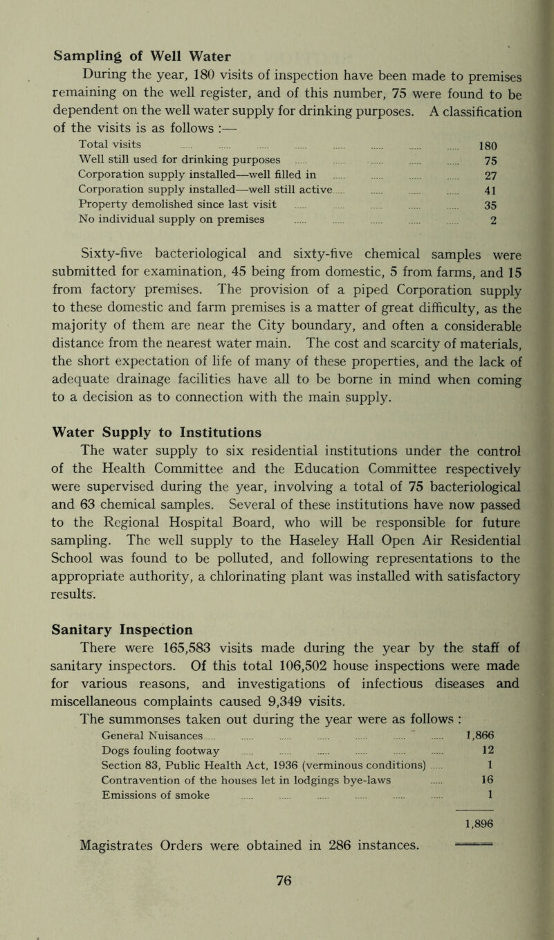 Sampling of Well Water During the year, 180 visits of inspection have been made to premises remaining on the well register, and of this number, 75 were found to be dependent on the well water supply for drinking purposes. A classification of the visits is as follows :— Total visits 180 Well still used for drinking purposes 75 Corporation supply installed—well filled in 27 Corporation supply installed—well still active 41 Property demolished since last visit 35 No individual supply on premises 2 Sixty-five bacteriological and sixty-five chemical samples were submitted for examination, 45 being from domestic, 5 from farms, and 15 from factory premises. The provision of a piped Corporation supply to these domestic and farm premises is a matter of great difficulty, as the majority of them are near the City boundary, and often a considerable distance from the nearest water main. The cost and scarcity of materials, the short expectation of life of many of these properties, and the lack of adequate drainage facilities have all to be borne in mind when coming to a decision as to connection with the main supply. Water Supply to Institutions The water supply to six residential institutions under the control of the Health Committee and the Education Committee respectively were supervised during the year, involving a total of 75 bacteriological and 63 chemical samples. Several of these institutions have now passed to the Regional Hospital Board, who will be responsible for future sampling. The well supply to the Haseley Hall Open Air Residential School was found to be polluted, and following representations to the appropriate authority, a chlorinating plant was installed with satisfactory results. Sanitary Inspection There were 165,583 visits made during the year by the staff of sanitary inspectors. Of this total 106,502 house inspections were made for various reasons, and investigations of infectious diseases and miscellaneous complaints caused 9,349 visits. The summonses taken out during the year were as follows : General Nuisances 1,866 Dogs fouling footway 12 Section 83, Public Health Act, 1936 (verminous conditions) 1 Contravention of the houses let in lodgings bye-laws 16 Emissions of smoke 1 1,896 Magistrates Orders were obtained in 286 instances. *r7r-==i