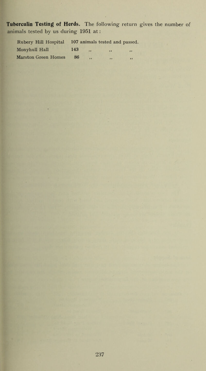 Tuberculin Testing of Herds. The following return gives the number of animals tested by us during 1951 at: Rubery Hill Hospital 107 animals tested and passed. Monyhull Hall 143 ,, ,, ,, Marston Green Homes 86 ,, ,, ,,