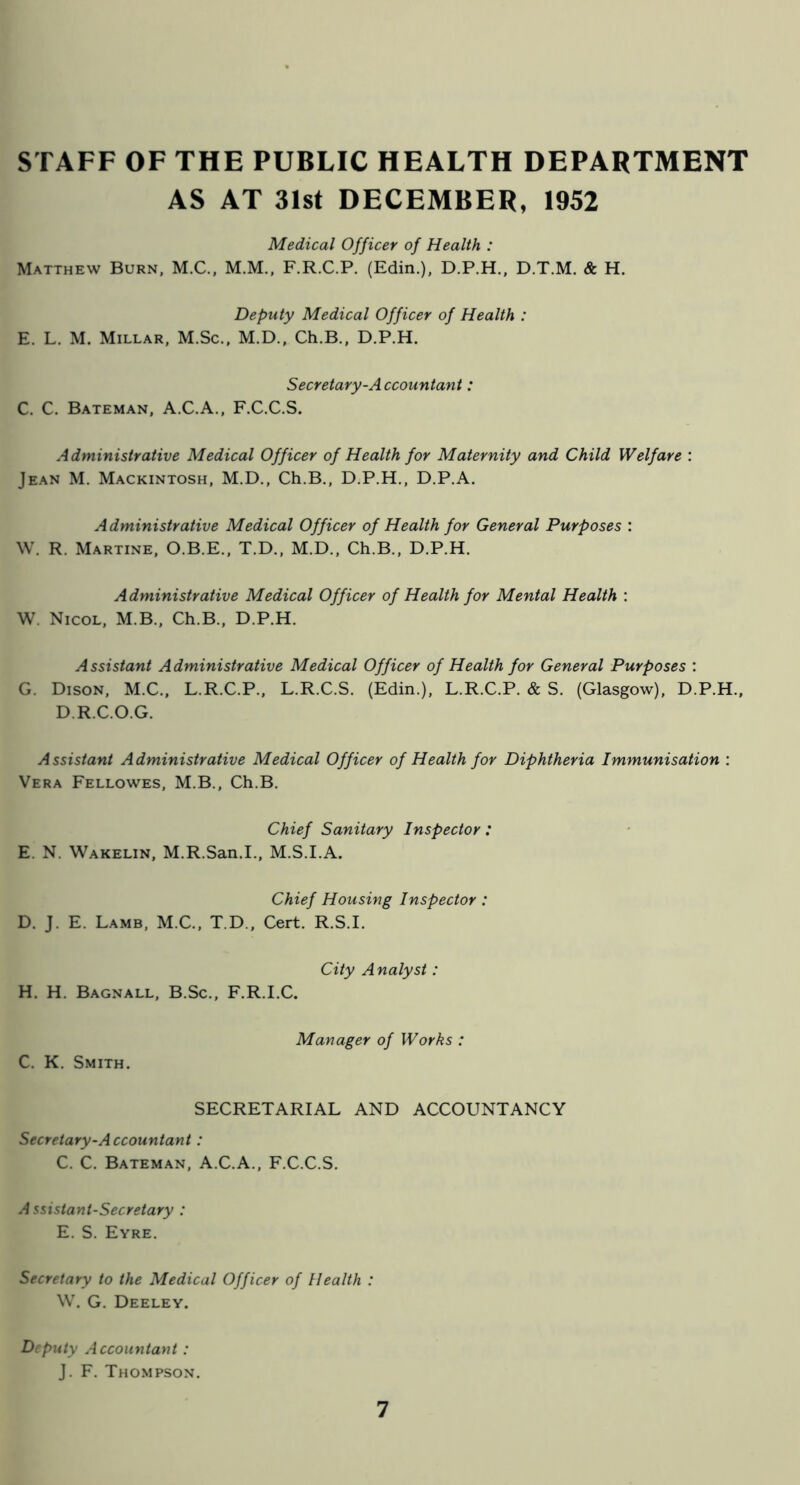 STAFF OF THE PUBLIC HEALTH DEPARTMENT AS AT 31st DECEMBER, 1952 Medical Officer of Health : Matthew Burn, M.C., M.M., F.R.C.P. (Edin.), D.P.H., D.T.M. & H. Deputy Medical Officer of Health : E. L. M. Millar, M.Sc., M.D., Ch.B., D.P.H. Secretary-Accountant: C. C. Bateman, A.C.A., F.C.C.S. Administrative Medical Officer of Health for Maternity and Child Welfare : Jean M. Mackintosh, M.D,, Ch.B., D.P.H., D.P.A. Administrative Medical Officer of Health for General Purposes : W. R. Martine, O.B.E., T.D., M.D., Ch.B., D.P.H. Administrative Medical Officer of Health for Mental Health : W. Nicol, M.B., Ch.B., D.P.H. Assistant Administrative Medical Officer of Health for General Purposes ; G. Dison, M.C., L.R.C.P., L.R.C.S. (Edin.), L.R.C.P. & S. (Glasgow), D.P.H., D. R.C.O.G. Assistant Administrative Medical Officer of Health for Diphtheria Immunisation : Vera Fellowes, M.B., Ch.B. Chief Sanitary Inspector : E. N. Wakelin, M.R.San.I., M.S.I.A. Chief Housing Inspector: D. J. E. Lamb, M.C., T.D., Cert. R.S.I. City Analyst: H. H. Bagnall, B.Sc., F.R.I.C. Manager of Works : C. K. Smith. SECRETARIAL AND ACCOUNTANCY Secretary-Accountant: C. C. Bateman, A.C.A., F.C.C.S. A ssistant-Secretary : E. S. Eyre. Secretary to the Medical Officer of Health : W, G. Deeley. Deputy Accountant : J. F. Thompson.