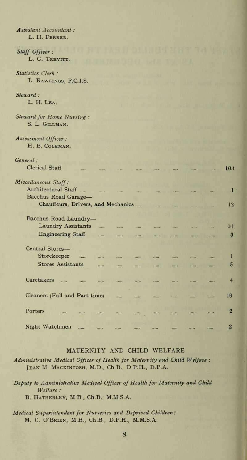 Assistant Accountant : L. H. Ferrer. Staff Officer : L. G. Trevitt. Statistics Clerk : L. Rawlings, F.C.I.S. Steward : L. H. Lea. Steward for Home Nursing : S. L. Gillman. Assessment Officer: H. B. Coleman. General: Clerical Staff .... .... .. 103 Miscellaneous Staff: Architectural Staff .. ... 1 Bacchus Road Garage— Chauffeurs, Drivers, and Mechanics .... .... .... .... 1'2 Bacchus Road Laundry— Laundry Assistants .... ... 31 Engineering Staff 3 Central Stores— Storekeeper 1 Stores Assistants 5 Caretakers 4 Cleaners (Full and Part-time) 19 Porters 2 Night Watchmen 2 MATERNITY AND CHILD WELFARE Administrative Medical Officer of Health for Maternity and Child Welfare : Jean M. Mackintosh, M.D., Ch.B., D.P.H., D.P.A. Deputy to Administrative Medical Officer of Health for Maternity and Child Welfare : B. Hatherley, M.B., Ch.B., M.M.S.A. Medical Superintendent for Nurseries and Deprived Children: M. C. O’Brien, M.B., Ch.B., D.P.H., M.M.S.A.