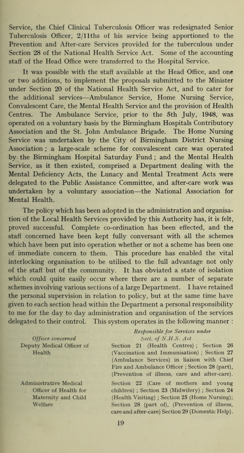 Service, the Chief Clinical Tuberculosis Officer was redesignated Senior Tuberculosis Officer, 2/llths of his service being apportioned to the Prevention and After-care Services provided for the tuberculous under Section 28 of the National Health Service Act. Some of the accounting staff of the Head Office were transferred to the Hospital Service. It was possible with the staff available at the Head Office, and one or two additions, to implement the proposals submitted to the Minister under Section 20 of the National Health Service Act, and to cater for the additional services—Ambulance Service, Home Nursing Service, Convalescent Care, the Mental Health Service and the provision of Health Centres. The Ambulance Service, prior to the 5th July, 1948, was operated on a voluntary basis by the Birmingham Hospitals Contributory Association and the St. John Ambulance Brigade. The Home Nursing Service was undertaken by the City of Birmingham District Nursing Association ; a large-scale scheme for convalescent care was operated by the Birmingham Hospital Saturday Fund ; and the Mental Health Service, as it then existed, comprised a Department dealing with the Mental Deficiency Acts, the Lunacy and Mental Treatment Acts were delegated to the Public Assistance Committee, and after-care work was undertaken by a voluntary association—the National Association for Mental Health. The policy which has been adopted in the administration and organisa- tion of the Local Health Services provided by this Authority has, it is felt, proved successful. Complete co-ordination has been effected, and the staff concerned have been kept fully conversant with all the schemes which have been put into operation whether or not a scheme has been one of immediate concern to them. This procedure has enabled the vital interlocking organisation to be utilised to the full advantage not only of the staff but of the community. It has obviated a state of isolation which could quite easily occur where there are a number of separate schemes involving various sections of a large Department. I have retained the personal supervision in relation to policy, but at the same time have given to each section head within the Department a personal responsibility to me for the day to day administration and organisation of the services delegated to their control. This system operates in the following manner : Officer concerned Deputy Medical Officer of Health Administrative Medical Officer of Health for Maternity and Child Welfare Responsible for Services under Sect, of N.H.S. Act Section 21 (Health Centres) ; Section 26 (Vaccination and Immunisation) ; Section 27 (Ambulance Services) in liaison with Chief Fire and Ambulance Officer ; Section 28 (part), (Prevention of illness, care and after-care). Section 22 (Care of mothers and young children) ; Section 23 (Midwifery) ; Section 24 (Health Visiting) ; Section 25 (Home Nursing); Section 28 (part of), (Prevention of illness, care and after-care) Section 29 (Domestic Help).