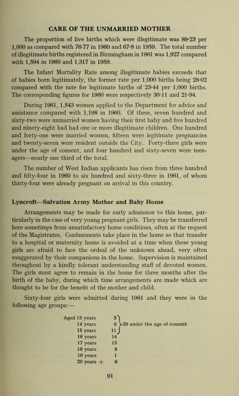 CARE OF THE UNMARRIED MOTHER The proportion of live births which were illegitimate was 89-23 per 1,000 as compared with 76-77 in 1960 and 67-8 in 1959. The total number of illegitimate births registered in Birmingham in 1961 was 1,927 compared with 1,594 in 1960 and 1,317 in 1959. The Infant Mortality Rate among illegitimate babies exceeds that of babies born legitimately, the former rate per 1,000 births being 28-02 compared with the rate for legitimate births of 23-44 per 1,000 births. The corresponding figures for 1960 were respectively 30-11 and 21-94. During 1961, 1,543 women applied to the Department for advice and assistance compared with 1,198 in 1960. Of these, seven hundred and sixty-two were unmarried women having their first baby and five hundred and ninety-eight had had one or more illegitimate children. One hundred and forty-one were married women, fifteen were legitimate pregnancies and twenty-seven were resident outside the City. Forty-three girls were under the age of consent, and four hundred and sixty-seven were teen- agers—nearly one third of the total. The number of West Indian applicants has risen from three hundred and fifty-four in 1960 to six hundred and sixty-three in 1961, of whom thirty-four were already pregnant on arrival in this country. Lyncroft—Salvation Army Mother and Baby Home Arrangements may be made for early admission to this home, par- ticularly in the case of very young pregnant girls. They may be transferred here sometimes from unsatisfactory home conditions, often at the request of the Magistrates. Confinements take place in the home so that transfer to a hospital or maternity home is avoided at a time when these young girls are afraid to face the ordeal of the unknown ahead, very often exaggerated by their companions in the home. Supervision is maintained throughout by a kindly tolerant understanding staff of devoted women. The girls must agree to remain in the home for three months after the birth of the baby, during which time arrangements are made which are thought to be for the benefit of the mother and child. s were admitted )s:— during Aged 13 years 31 14 years 6 ;>20 15 years 16 years 14 17 years 15 18 years 8 19 years 1 20 years -f- 6 1961 and they were in the under the age of consent