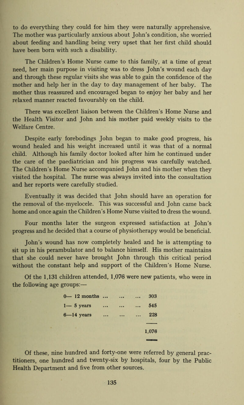 to do everything they could for him they were naturally apprehensive. The mother was particularly anxious about John’s condition, she worried about feeding and handling being very upset that her first child should have been born with such a disability. The Children’s Home Nurse came to this family, at a time of great need, her main purpose in visiting was to dress John’s wound each day and through these regular visits she was able to gain the confidence of the mother and help her in the day to day management of her baby. The mother thus reassured and encouraged began to enjoy her baby and her relaxed manner reacted favourably on the child. There was excellent liaison between the Children’s Home Nurse and the Health Visitor and John and his mother paid weekly visits to the Welfare Centre. Despite early forebodings John began to make good progress, his wound healed and his weight increased until it was that of a normal child. Although his family doctor looked after him he continued under the care of the paediatrician and his progress was carefully watched. The Children’s Home Nurse accompanied John and his mother when they visited the hospital. The nurse was always invited into the consultation and her reports were carefully studied. Eventually it was decided that John should have an operation for the removal of the-myelocele. This was successful and John came back home and once again the Children’s Home Nurse visited to dress the wound. Four months later the surgeon expressed satisfaction at John’s progress and he decided that a course of physiotherapy would be beneficial. John’s wound has now completely healed and he is attempting to sit up in his perambulator and to balance himself. His mother maintains that she could never have brought John through this critical period without the constant help and support of the Children’s Home Nurse. Of the 1,131 children attended, 1,076 were new patients, who were in the following age groups;— 0— 12 months 303 1— 5 years ... ... ... 545 6—14 years 228 1,076 Of these, nine hundred and forty-one were referred by general prac- titioners, one hundred and twenty-six by hospitals, four by the Public Health Department and five from other sources.