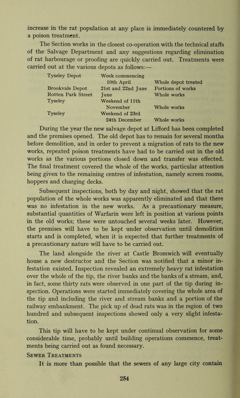 increase in the rat population at any place is immediately countered by a poison treatment. The Section works in the closest co-operation with the technical staffs of the Salvage Department and any suggestions regarding elimination of rat harbourage or proofing are quickly carried out. Treatments were carried out at the various depots as follows:—■ Tyseley Depot Brookvale Depot Rotten Park Street Tyseley Tyseley Week commencing 10th April 21st and 22nd June June Weekend of 11th November Weekend of 23rd 24th December Whole depot treated Portions of works Whole works Whole works Whole works During the year the new salvage depot at Lifford has been completed and the premises opened. The old depot has to remain for several months before demolition, and in order to prevent a migration of rats to the new works, repeated poison treatments have had to be carried out in the old works as the various portions closed down and transfer was effected. The final treatment covered the whole of the works, particular attention being given to the remaining centres of infestation, namely screen rooms, hoppers and charging decks. Subsequent inspections, both by day and night, showed that the rat population of the whole works was apparently eliminated and that there was no infestation in the new works. As a precautionary measure, substantial quantities of Warfarin were left in position at various points in the old works; these were untouched several weeks later. However, the premises will have to be kept under observation until demolition starts and is completed, when it is expected that further treatments of a precautionary nature will have to be carried out. The land alongside the river at Castle Bromwich will eventually house a new destructor and the Section was notified that a minor in- festation existed. Inspection revealed an extremely heavy rat infestation over the whole of the tip, the river banks and the banks of a stream, and, in fact, some thirty rats were observed in one part of the tip during in- spection. Operations were started immediately covering the whole area of the tip and including the river and stream banks and a portion of the railway embankment. The pick up of dead rats was in the region of two hundred and subsequent inspections showed only a very shght infesta- tion. This tip will have to be kept under continual observation for some considerable time, probably until building operations commence, treat- ments being carried out as found necessary. Sewer Treatments It is more than possible that the sewers of any large city contain