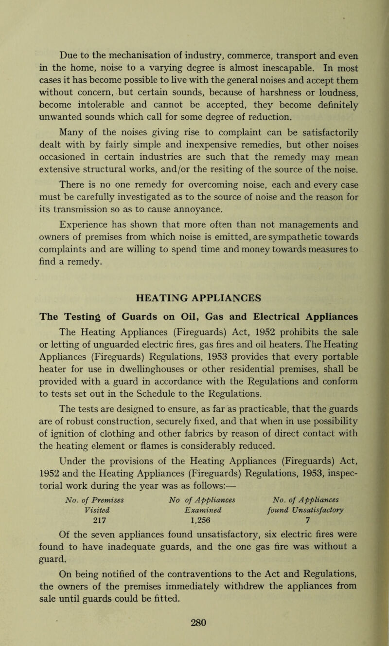 Due to the mechanisation of industry, commerce, transport and even in the home, noise to a varying degree is almost inescapable. In most cases it has become possible to live with the general noises and accept them without concern, but certain sounds, because of harshness or loudness, become intolerable and cannot be accepted, they become definitely unwanted sounds which call for some degree of reduction. Many of the noises giving rise to complaint can be satisfactorily dealt with by fairly simple and inexpensive remedies, but other noises occasioned in certain industries are such that the remedy may mean extensive structural works, and/or the resiting of the source of the noise. There is no one remedy for overcoming noise, each and every case must be carefully investigated as to the source of noise and the reason for its transmission so as to cause annoyance. Experience has shown that more often than not managements and owners of premises from which noise is emitted, are sympathetic towards complaints and are willing to spend time and money towards measures to find a remedy. HEATING APPLIANCES The Testing of Guards on Oil, Gas and Electrical Appliances The Heating Appliances (Fireguards) Act, 1952 prohibits the sale or letting of unguarded electric fires, gas fires and oil heaters. The Heating Appliances (Fireguards) Regulations, 1953 provides that every portable heater for use in dwellinghouses or other residential premises, shall be provided with a guard in accordance with the Regulations and conform to tests set out in the Schedule to the Regulations. The tests are designed to ensure, as far as practicable, that the guards are of robust construction, securely fixed, and that when in use possibility of ignition of clothing and other fabrics by reason of direct contact with the heating element or flames is considerably reduced. Under the provisions of the Heating Appliances (Fireguards) Act, 1952 and the Heating Appliances (Fireguards) Regulations, 1953, inspec- torial work during the year was as follows:— No. of Premises No of Appliances No. of Appliances Visited Examined found Unsatisfactory 217 1,256 7 Of the seven appliances found unsatisfactory, six electric fires were found to have inadequate guards, and the one gas fire was without a guard. On being notified of the contraventions to the Act and Regulations, the owners of the premises immediately withdrew the appliances from sale until guards could be fitted.