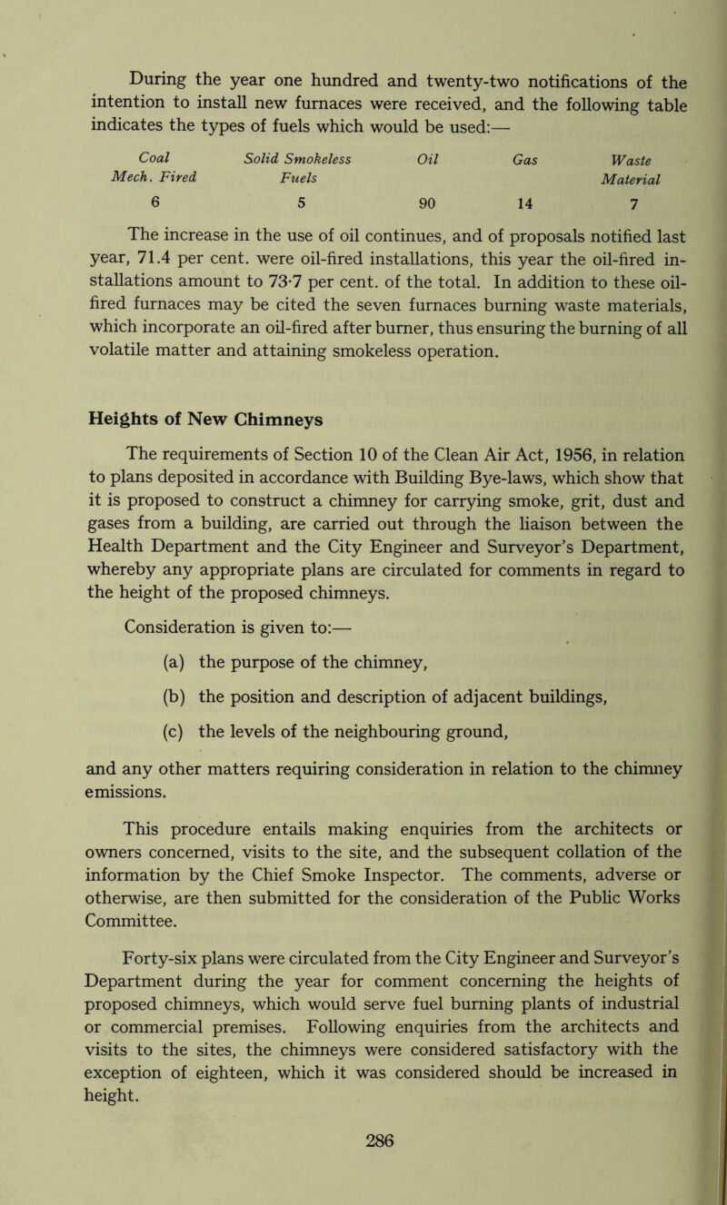 During the year one hundred and twenty-two notifications of the intention to install new furnaces were received, and the following table indicates the types of fuels which would be used:—• Coal Solid Smokeless Oil Gas Waste Mech. Fired Fuels Material 6 5 90 14 7 The increase in the use of oil continues, and of proposals notified last year, 71.4 per cent, were oil-fired installations, this year the oil-fired in- stallations amount to 73*7 per cent, of the total. In addition to these oil- fired furnaces may be cited the seven furnaces burning waste materials, which incorporate an oil-fired after burner, thus ensuring the burning of all volatile matter and attaining smokeless operation. Heights of New Chimneys The requirements of Section 10 of the Clean Air Act, 1956, in relation to plans deposited in accordance with Building Bye-laws, which show that it is proposed to construct a chimney for carrying smoke, grit, dust and gases from a building, are carried out through the liaison between the Health Department and the City Engineer and Surveyor’s Department, whereby any appropriate plans are circulated for comments in regard to the height of the proposed chimneys. Consideration is given to:— (a) the purpose of the chimney, (b) the position and description of adjacent buildings, (c) the levels of the neighbouring ground, and any other matters requiring consideration in relation to the chimney emissions. This procedure entails making enquiries from the architects or owners concerned, visits to the site, and the subsequent collation of the information by the Chief Smoke Inspector. The comments, adverse or otherwise, are then submitted for the consideration of the Public Works Committee. Forty-six plans were circulated from the City Engineer and Surveyor’s Department during the year for comment concerning the heights of proposed chimneys, which would serve fuel burning plants of industrial or commercial premises. Following enquiries from the architects and visits to the sites, the chimneys were considered satisfactory with the exception of eighteen, which it was considered should be increased in height.
