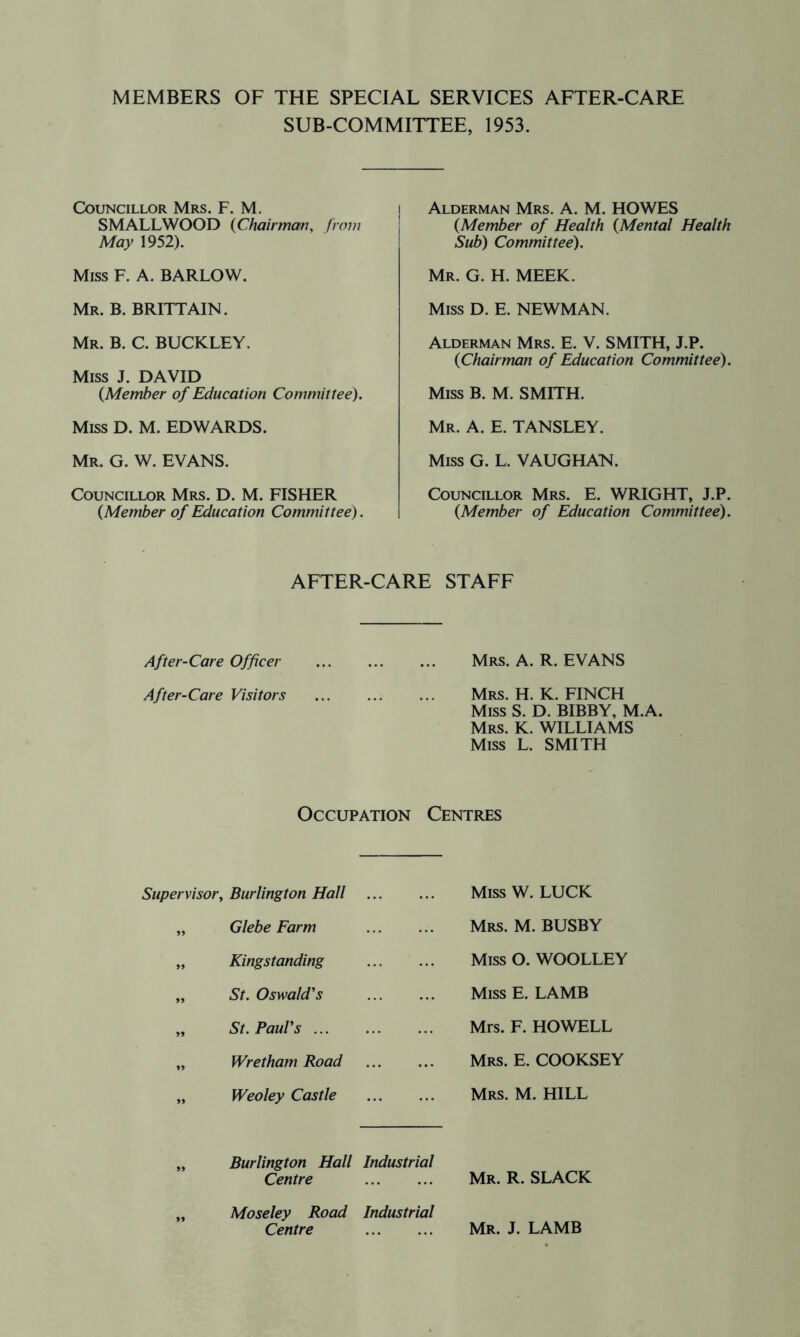 MEMBERS OF THE SPECIAL SERVICES AFTER-CARE SUB-COMMITTEE, 1953. Councillor Mrs. F. M. SMALLWOOD {Chairman, from May 1952). Miss F. A. BARLOW. Mr. B. BRITTAIN. Mr. B. C. BUCKLEY. Miss J. DAVID {Member of Education Committee). Miss D. M. EDWARDS. Mr. G. W. EVANS. Councillor Mrs. D. M. FISHER {Member of Education Committee). I Alderman Mrs. A. M. HOWES {Member of Health {Mental Health Sub) Committee). Mr. G. H. meek. Miss D. E. NEWMAN. Alderman Mrs. E. V. SMITH, J.P. {Chairman of Education Committee). Miss B. M. SMITH. Mr. a. E. TANSLEY. Miss G. L. VAUGHAN. Councillor Mrs. E. WRIGHT, J.P. {Member of Education Committee). AFTER-CARE STAFF After-Care Officer ... ... ... Mrs. A. R. EVANS After-Care Visitors Mrs. H. K. FINCH Miss S. D. BIBBY, M.A. Mrs. K. WILLIAMS Miss L. SMITH Occupation Centres Supervisor, Burlington Hall „ Glebe Farm „ Kingstanding „ St. Oswald's „ St. Paul's ... „ Wretham Road „ Weoley Castle Burlington Hall Industrial Centre Moseley Road Industrial Centre Miss W. LUCK Mrs. M. busby Miss O. WOOLLEY Miss E. LAMB Mrs. F. HOWELL Mrs. E. COOKSEY Mrs. M. hill Mr. R. slack Mr. J. lamb