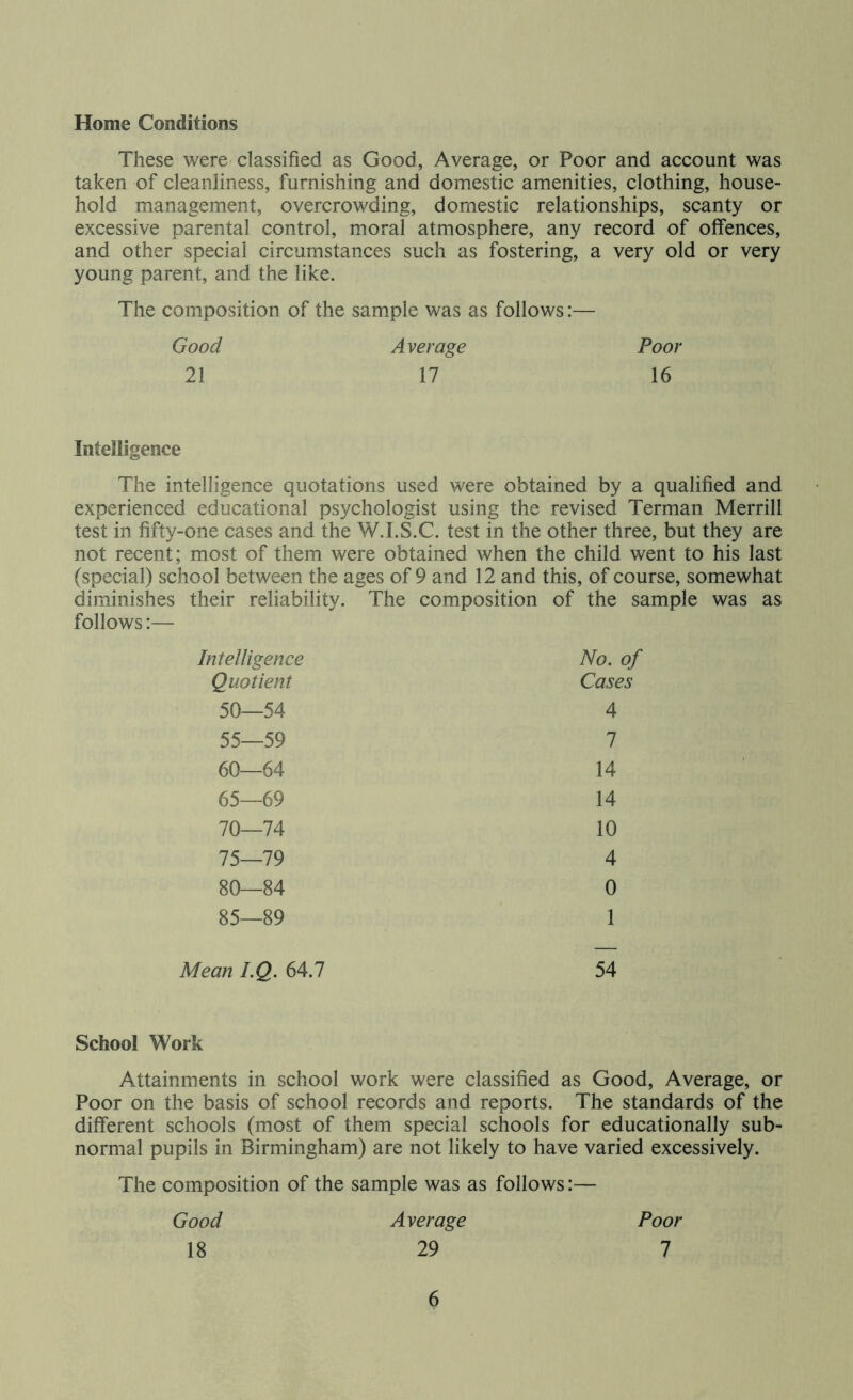 Home Conditions These were classified as Good, Average, or Poor and account was taken of cleanliness, furnishing and domestic amenities, clothing, house- hold management, overcrowding, domestic relationships, scanty or excessive parental control, moral atmosphere, any record of offences, and other special circumstances such as fostering, a very old or very young parent, and the like. The composition of the sample was as follows:— Good Average Poor 21 17 16 Intelligence The intelligence quotations used were obtained by a qualified and experienced educational psychologist using the revised Terman Merrill test in fifty-one cases and the W.I.S.C. test in the other three, but they are not recent; most of them were obtained when the child went to his last (special) school between the ages of 9 and 12 and this, of course, somewhat diminishes their reliability. The composition of the sample was as follows:— Intelligence No. oj Quotient Cases 50—54 4 55—59 7 60—64 14 65—69 14 70—74 10 75—79 4 80—84 0 85—89 1 Mean I.Q. 64.7 54 School Work Attainments in school work were classified as Good, Average, or Poor on the basis of school records and reports. The standards of the different schools (most of them special schools for educationally sub- normal pupils in Birmingham) are not likely to have varied excessively. The composition of the sample was as follows:— Good Average Poor 18 29 7