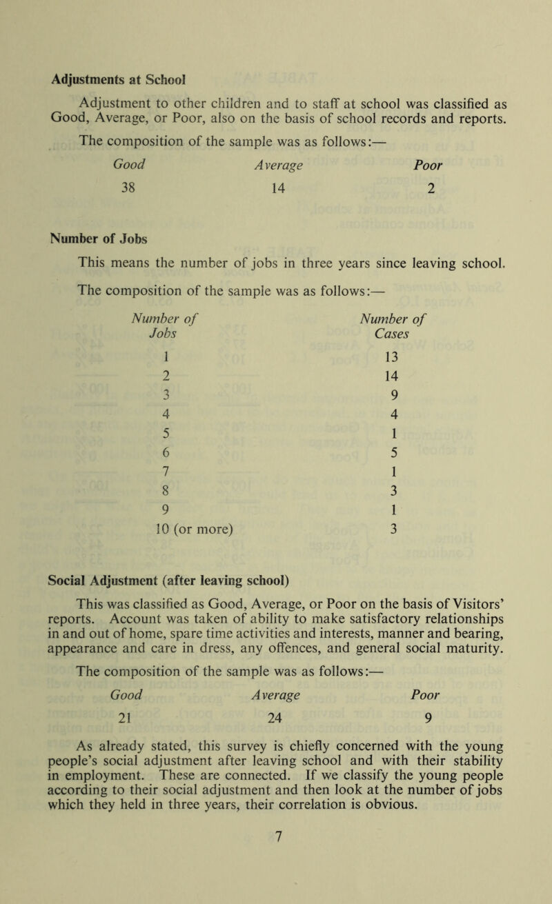 Adjustments at School Adjustment to other children and to staff at school was classified as Good, Average, or Poor, also on the basis of school records and reports. The composition of the sample was as follows:— Good Average Poor 38 14 2 Number of Jobs This means the number of jobs in three years since leaving school. The composition of the sample was as follows:— Number of Jobs 2 3 4 5 6 7 8 9 10 (or more) Number of Cases 13 14 9 4 1 5 1 3 1 3 Social Adjustment (after leaving school) This was classified as Good, Average, or Poor on the basis of Visitors* reports. Account was taken of ability to make satisfactory relationships in and out of home, spare time activities and interests, manner and bearing, appearance and care in dress, any offences, and general social maturity. The composition of the sample was as follows:— Good Average Poor 21 24 9 As already stated, this survey is chiefly concerned with the young people’s social adjustment after leaving school and with their stability in employment. These are connected. If we classify the young people according to their social adjustment and then look at the number of jobs which they held in three years, their correlation is obvious.