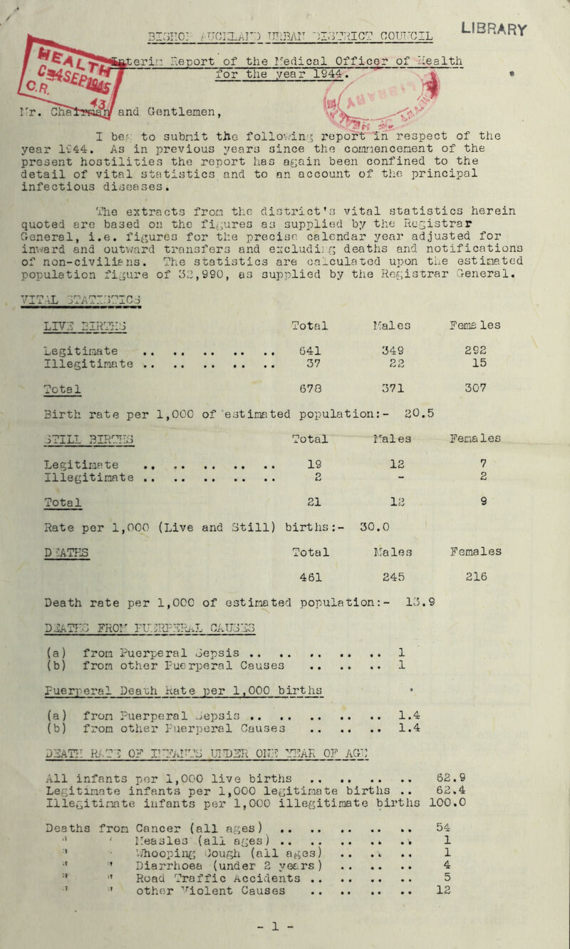 ilC/? OOTTTrCIL library Lterii: report of the I^edlcal Officer of Health for the year 1944. C.ft rr. Cha^ .*> and Crentlemen, I ber^ to subnit tho follov/in'5 report~ln respect of the year 1944. As in previous years since the coronencenent of the present hostilities the report has again been confined to the detail of vital statistics and to an account of the principal infectious diseases. The extracts fron the district’s vital statistics herein quoted are based on the fi^-ures as supplied by the Registrar General, i.e. figures for the precise calendar year adjusted for imvard and outv/ard transfers and excludirg deaths and notifications of non-civilians. The statistics are calculated upon the estiiiated population figure of 152,990, as supplied by the Registrar General, LIVT RIRTiIG Total I^ales Fema les Legitimate 641 349 292 Illegitimate 37 22 15 Total 678 371 307 Birth rate per 1,000 of‘estimated population:- 20.5 3TILT BIRTTIG Total ]''ales Females Legitimate 19 12 7 Illegitimate 2 — 2 Total 21 12 9 Rate per 1,000 (Live and Still) birtlis : - 30.0 D ^:atks Total Males Females 461 245 216 Death rate per 1,000 of estimated popul ation:- 13.9 dj:at}:s FRor fitcrfbral causts (a) from Puerperal Sepsis .. (b) from other Puerperal Cause s .. • • • • 1 Puerperal Deauh Rate per 1,000 births • (a) from Puerperal Sepsis (b) from other Puerperal Cause DBATR RATS OF I!-2VRTpg UIDBR ONT :t^ak of . AGS All infants per 1,000 live births 62.9 Legitimate infants per 1,000 legitimate births .. 62-.4 Illegitimate infants per 1,000 illegitimate births 100.0 Deaths from Cancer (all ages) ■’ ■ Ileasles (all ages) ■* hlioopin^-; Goug]:i (all ages) .. .4 •* ’ Diarrhoea (under 2 years) ■’ ’’ Road Traffic Accidents ’ ’ other Violent Causes 54 1 1 4 5 12