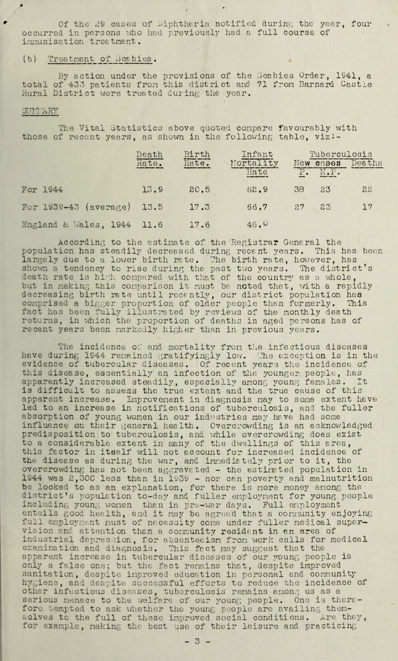 Of the (19 oases of diphtheria notified durin?; the year, four occurred in persons v/ho had previously had a full course of iiamunisation treatment. { b) Treatment of Jce.bies . By action under the provisions of the Bcabies Order, 1941, a total of 43.'3 patients from this district and 71 from Barnaitl Castle Rural District were treated durin^^^ the year. BlTll'ARY The Vital Statistics above quoted compare favourably with those of recent years , as shown L in the follov/ing table, viz J - Death Birth Infant Tuberculosis Aa t e. Rate, I!ortality New oases Death Hate P. N_._P. For 1944 13,9 £0.5 6£, 9 38 23 22 For 1939-43 (average) 13.5 17 .3 66.7 27 23 17 England k V/ales, 1944 11.6 17.6 46.0 According to the estimate of the Ref^istrar General the population has steadily decreased during; recent years. This has been larfjely due to a lo\/er birth rate. The birth rate, hov/ever, has sho^vn a tendency to rise durinf^ the past tv/o years. The district’s death rate is hi;;h compared with that of the country as a whole, but in mahing this comparison it must be noted that, i\dth a rapidly decreasins birth rate until recently, our district population has comprised a bi^Aer proportion of older people than formerly. This fact has been fully illust^’ated by reviews of the monthly death returns, in v/hich the proportion of deaths in aged persons has of recent years been markedly higlior than in previous years. The incidence oi and mortality from the infectious diseases have during 1944 remained gratifyin^^ly low'. The erception is in the evidence of tubercular diseases. Of recent years the incidence of this disease, essentially an infection of the younger people, has apparently increased steadily, especially among young females. It is difficult to assess the true ey.tent and the true cause of this apparent increase. Improvement in diagnosis may to some extent have led to an increase in notifications of tuberculosis, and the fuller absorption of young v/omen in our industries may have had some influence on their general health. Overcrowding is an acknowledged predisposition to tuberculosis, and while overcrov/ding does exist to a considerable extent in many of the dwellings of this area, this factor in itself will not account for increased incidence of the disease as during the war, and immediately prior to it, the overcrowding has not been aggravated ~ the estimated population in 1944 was 2,oOC less than in 1939 - nor can poverty and malnutrition be looked to as an explanation, for there is more money among the district's population to-day and fuller eriplo3'ment for young people including young \}o:ien than in pre-\;ar days. Full employment entails good health, and it may be agreed that a community enjoying full employment must of necessity come under fuller medical super- vision and attention than a community resident in en area of industrial depres.jion, for absenteeism from worl: calls for medical examination and diagnosis. This fact may suggest that the apparent increase in tubercular diseases of our j^oung people is only a false one; but the fact remins that, despite improved sanitation, despite improved education in personal and community h^/giene, and despite successful efforts to reduce the incidence of other infectious diseases, tuberculosis remains among us as a serious menace to the welfare of our younr; people. One is there- fore tempted to ask \/hether tiie young people are availing thera- solves to the full of these improved social conditions. Are they, for example, making the best use of their leisure and practicing;