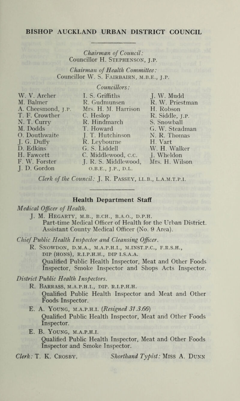 BISHOP AUCKLAND URBAN DISTRICT COUNCIL Chairman of Council: Councillor H. Stephenson, j.p. Chairman of Health Committee: Councillor W. S. Fairbairn, m.b.e., j.p. W. V. Archer M. Balmer A. Cheesmond, j.p. T. F. Crowther N. T. Curry M. Dodds O. Douthwaite J. G. Duffy D. Edkins H. Fawcett F. W. Forster J. D. Gordon Councillors: I. S. Griffiths R. Gudmunsen Mrs. H. M. Harrison C. Heslop R. Hindmarch T. Howard J. T. Hutchinson R. Leybourne G. S. Liddell C. Middlewood, c.c. J. R. S. Middlewood, O.B.E., J.P., D.L. J. W. Mudd R. W. Priestman H. Robson R. Siddle, j.p. S. Snowball G. W. Steadman N. R. Thomas H. Vart W. H. Walker J. Wheldon Mrs. H. Wilson Clerk of the Council: J. R. Passey, ll.b., l.a.m.t.p.i. Health Department Staff Medical Officer of Health. J. M. HeGARTY, M.B., B.CH., B.A.O., D.P.H. Part-time Medical Officer of Health for the Urban District. Assistant County Medical Officer (No. 9 Area). Chief Public Health Inspector and Cleansing Officer. R. Snowdon, d.m.a., m.a.p.h.i., m.inst.p.c., f.r.s.h., DIP (HONS), R.I.P.H.H., DIP I.S.A.A. Qualified Public Health Inspector, Meat and Other Foods Inspector, Smoke Inspector and Shops Acts Inspector. District Public Health Inspectors. R. Barrass, m.a.p.h.i., dip. r.i.p.h.h. Qualified Public Health Inspector and Meat and Other Foods Inspector. E. A. Young, m.a.p.h.i. [Resigned 31.3.66) Qualified Public Health Inspector, Meat and Other Foods Inspector. E. B. Young, m.a.p.h.i. Qualified Public Health Inspector, Meat and Other Foods Inspector and Smoke Inspector. Clerk: T. K. Crosby, Shorthand Typist: Miss A, Dunn