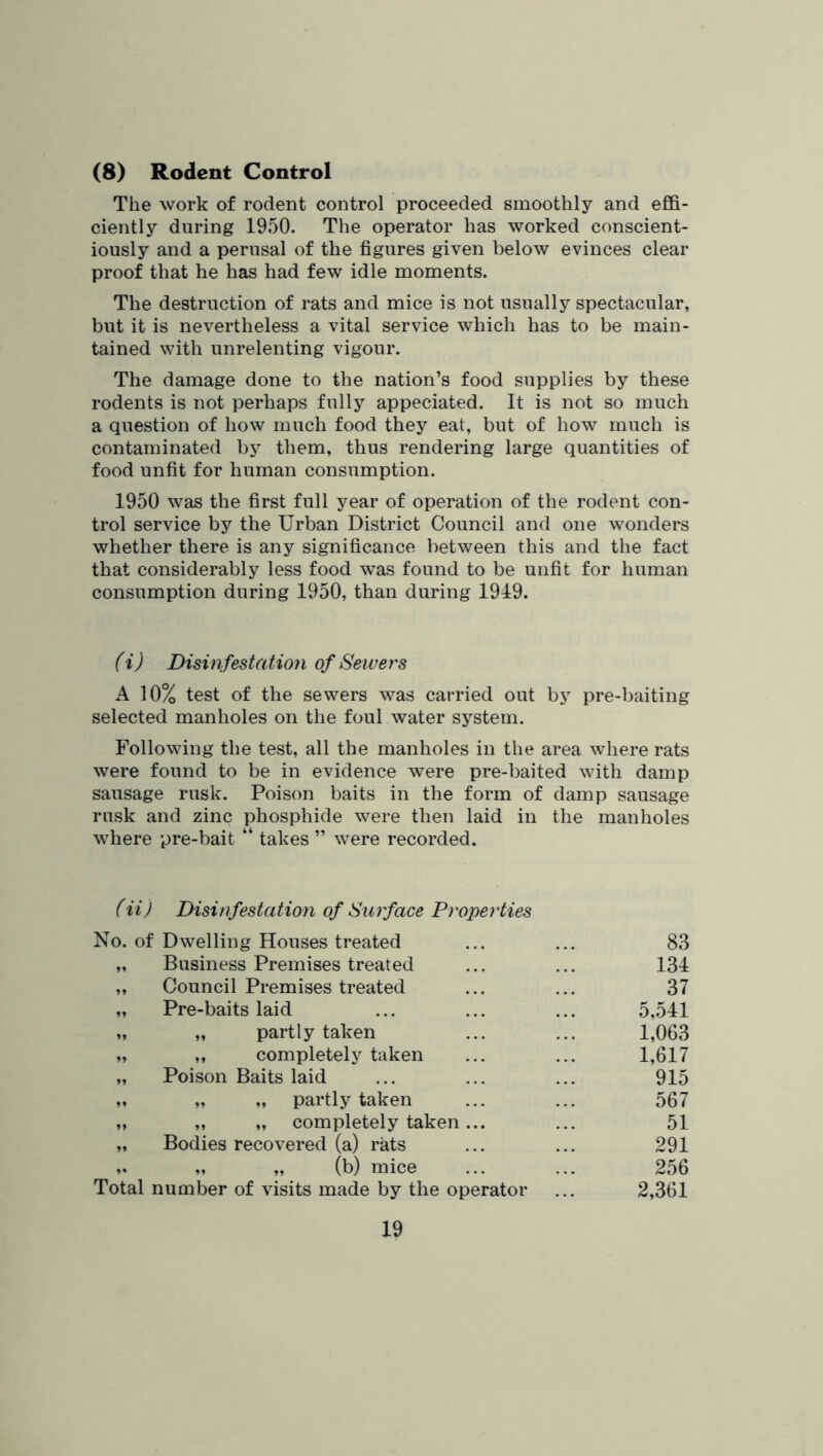 (8) Rodent Control The work of rodent control proceeded smoothly and effi- ciently during 1950. The operator has worked conscient- iously and a perusal of the figures given below evinces clear proof that he has had few idle moments. The destruction of rats and mice is not usually spectacular, but it is nevertheless a vital service which has to be main- tained with unrelenting vigour. The damage done to the nation’s food supplies by these rodents is not perhaps fully appeciated. It is not so much a question of how much food they eat, but of how much is contaminated by them, thus rendering large quantities of food unfit for human consumption. 1950 was the first full year of operation of the rodent con- trol service by the Urban District Council and one wmnders whether there is any significance between this and the fact that considerably less food was found to be unfit for human consumption during 1950, than during 1919. (i) Disinfestation of Sewers A 10% test of the sewers was carried out by pre-baiting selected manholes on the foul w^ater system. Following the test, all the manholes in the area where rats were found to be in evidence were pre-baited with damp sausage rusk. Poison baits in the form of damp sausage rusk and zinc phosphide w^ere then laid in the manholes wdiere pre-bait “ takes ” were recorded. (ii) Disinfestation of Surface Properties No. of Dwelling Houses treated ... ... 83 „ Business Premises treated ... ... 131 „ Council Premises treated ... ... 37 „ Pre-baits laid ... ... ... 5,511 „ „ partly taken ... ... 1,063 „ „ completely taken ... ... 1,617 „ Poison Baits laid ... ... ... 915 „ „ „ partly taken ... ... 567 „ „ „ completely taken... ... 51 „ Bodies recovered (a) rats ... ... 291 V M „ (b) mice ... ... 256 Total number of visits made by the operator ... 2,361