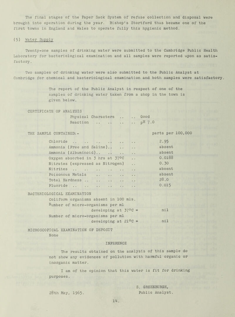 The final stages of the Paper Sack System of refuse collection and disposal were brought into operation during the year. Bishop's Stortford thus became one of the first towns in England and Wales to operate fully this hygienic method. (5) Water Supply Twenty-one samples of drinking water were submitted to the Cambridge Public Health Laboratory for bacteriological examination and all samples were reported upon as satis- factory . Two samples of drinking water were also submitted to the Public Analyst at Cambridge for chemical and bacteriological examination and both samples were satisfactory. The report of the Public Analyst in respect of one of the samples of drinking water taken from a shop in the town is given below. CERTIFICATE OF ANALYSIS Physical Characters .. .. Good Reaction .. .. .. .. pH 7-0 THE SAMPLE CONTAINED; - parts per 100 Chloride 2.95 Ammonia (Free and Saline) absent Ammonia (Albuminoid) absent Oxygen absorbed in 3 hrs at 37°C 0.0188 Nitrates (expressed as Nitrogen) 0.30 Nit rites absent Poisonous Metals absent Total Hardness . . 28.0 Fluoride 0.015 BACTERIOLOGICAL EXAMINATION Conform organisms absent in 100 mis. Humber of micro-organisms per ml developing at 37°C = nil Number of micro-organisms per ml developing at 21°C = nil MICROSCOPICAL EXAMINATION OF DEPOSIT None INFERENCE The results obtained on the analysis of this sample do not show any evidences of pollution with harmful organic or inorganic matter. I am of the opinion that this water is fit for drinking purposes. 28th May, 1965* 14. S. GREENBURGH, Public Analyst.