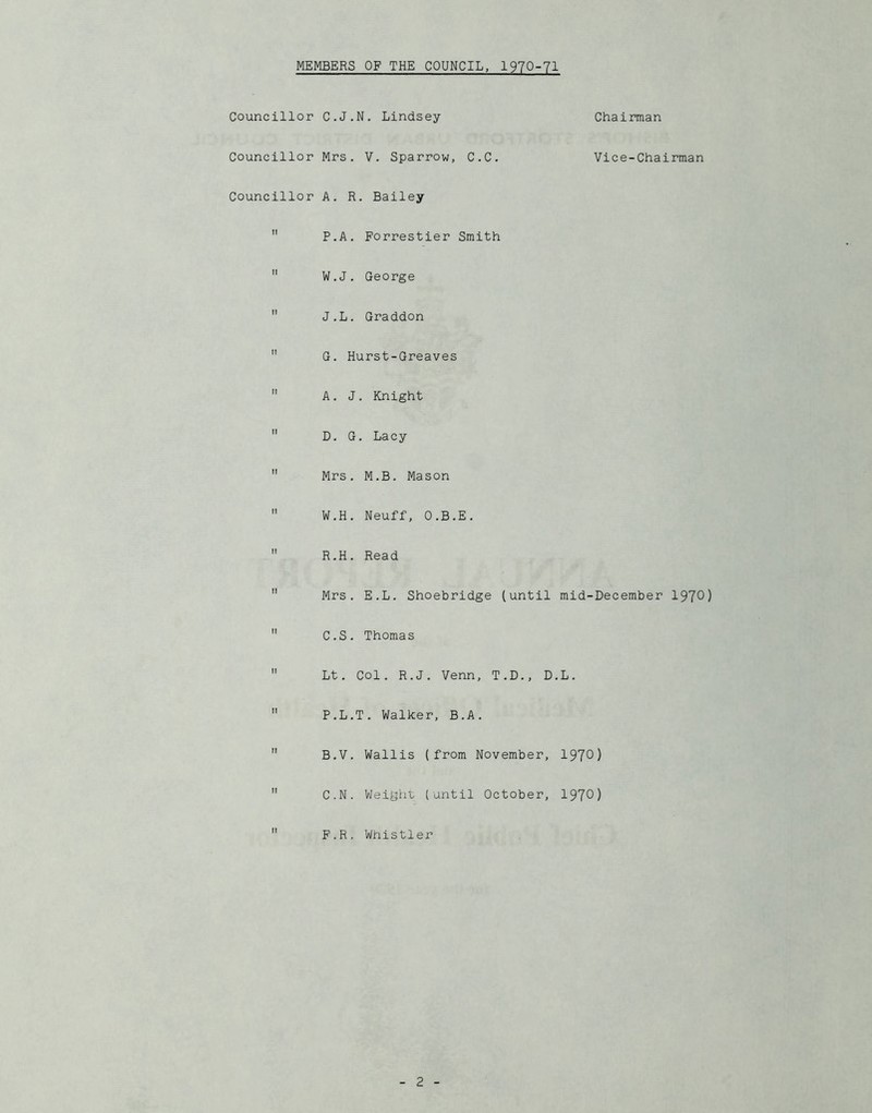 MEMBERS OF THE COUNCIL, 1970-71 Councillor C.J.N. Lindsey Chairman Councillor Mrs. V. Sparrow, C.C. Vice-Chairman Councillor A. R. Bailey  P.A. Forrestier Smith  W.J. George  J.L. Graddon  G. Hurst-Greaves  A. J. Knight  D. G. Lacy  Mrs. M.B. Mason  W.H. Neuff, O.B.E.  R.H. Read  Mrs. E.L. Shoebridge (until mid-December 1970)  C.S. Thomas  Lt. Col. R.J. Venn, T.D., D.L.  P.L.T. Walker, B.A.  B.V. Wallis (from November, 1970)  C.N. Weight (until October, 1970)  P.R. Whistler