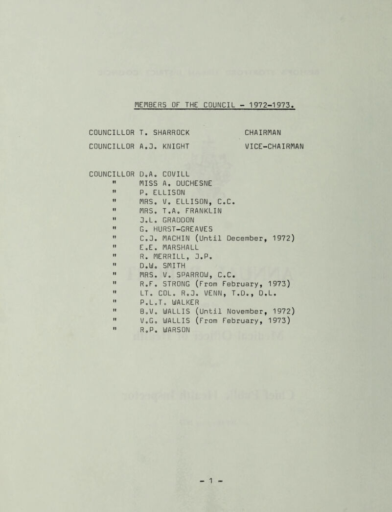 MEMBERS DF THE COUNCIL - 1972-1973 COUNCILLOR COUNCILLOR COUNCILLOR T. SHARROCK CHAIRMAN A.O. KNIGHT UICE-CHAIRMAN D, A. COV/ILL MISS A. DUCHESNE P. ELLISON MRS. U. ELLISON, C.C. MRS. T.A. FRANKLIN O. L. GRADDON G. HURST-GREAUES C. O. MACHIN (Until December, 1972) E. E. MARSHALL R. MERRILL, O.P. D. W. SMITH MRS. U. SPARROW, C.C. R.F. STRONG (From February, 1973) LT. COL. R.O. UENN, T.D., D.L. P. L.To WALKER BoU. WALLIS (Until November, 1972) \/oGo WALLIS (From February, 1973) RoP. WARSON