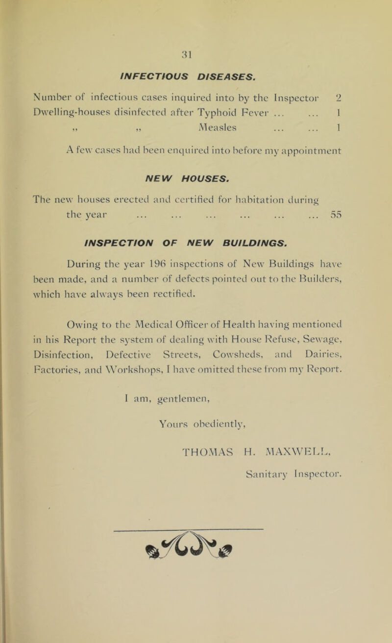 INFECTIOUS DISEASES. Number of infectious cases inquired into by the Inspector 2 D\vellini»-houses disinfected after Typhoid Fever ... .Measles .A few cases had been enquired into before my appointment NEW HOUSES. The new houses erected and certified for habitation durini* the year INSPECTION OF NEW BUILDINGS. During the year 19(S inspections of New Buildings have been made, and a number of defects pointed out to the Builders, which have always been rectified. Owing to the .Medical Officer of Health having mentioned in his Report the system of dealing with House Refuse, Sewage, Disinfection, Defective Streets, Cowsheds, and Dairies, Factories, and \\’’orl<shops, I have omitted these from my Report. I am, gentlemen, 'S'ours obediently, Sanitary Inspector.