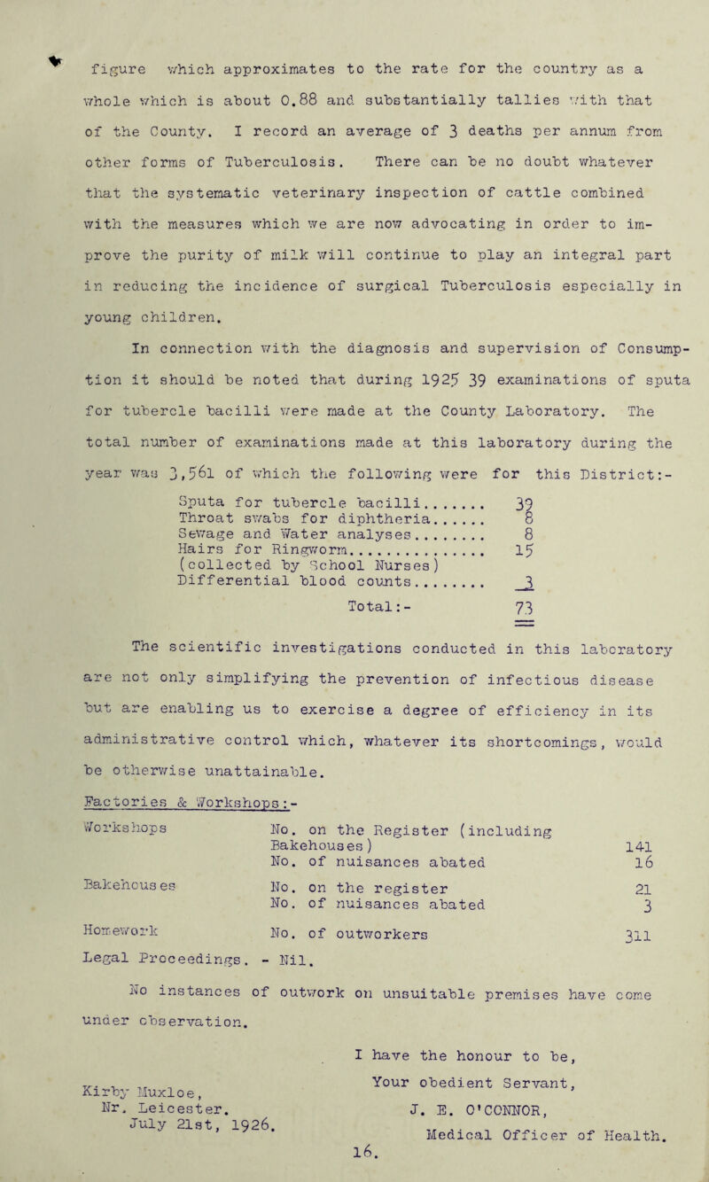 figure v/hich approximates to the rate for the country as a \7hole v/hich is about 0.88 and substantially tallies ’/ith that of the County. I record an average of 3 deaths per annum from other forms of Tuberculosis. There can be no doubt whatever that the systematic veterinary inspection of cattle combined with the measures which we are now advocating in order to im- prove the purity of milk will continue to play an integral part in reducing the incidence of surgical Tuberculosis especially in young children. In connection with the diagnosis and supervision of Consump- tion it should be noted that during 1925 39 examinations of sputa for tubercle bacilli were made at the County Laboratory. The total number of examinations made at this laboratory during the year v/as 3,5^1 of which the follov/ing were for this District :- Sputa for tubercle bacilli 39 Throat sv/abs for diphtheria 8 Sewage and Water analyses 8 Hairs for Ringworm 15 (collected by School Hurses) Differential blood counts.... .... ^ Total:- 73 The scientific investigations conducted in this laboratory are not only simplifying the prevention of infectious disease but are enabling us to exercise a degree of efficiency in its administrative control which, whatever its shortcomings, v/ould be otherv/ise unattainable. Factories & Workshops:- 'Workshops No. on the Register (including Bakehouses) No. of nuisances abated 141 16 Eakehous es 0 0 s Is: on the register of nuisances abated 21 3 Homework No. of outworkers 311 Legal Proceedings. - Nil • No instances of outwork on unsuitable premises have come under observation. Kirby Muxloe, Hr. Leicester. July 21st, 1926. I have the honour to be. Your obedient Servant, J. E. 0*CONNOR, Medical Officer of Health. 16.