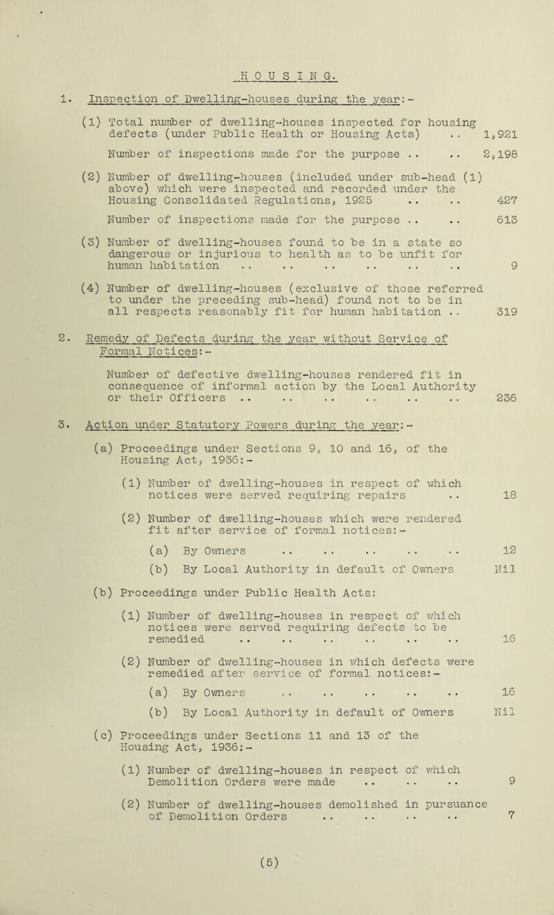HOUSING. 1. Inspection of Dv'fellinp:Iiouses during the year; - (l) Total number of dwelling-houses inspected for housing defects (under Public Health or Housing Acts) .. 1^921 Number of inspections made for the purpose .. .. 2,198 (2) Number of dwelling-houses (included under sub-head (l) above) which were inspected and recorded under the Housing Consolidated Regulations, 1925 .. .. 427 Number of inspections made for the purpose .. .. 615 (5) Number of dv/elling-houses found to be in a state so dangerous or injurious to health as to be unfit for human habitation .. .. .. .. .. .. 9 (4) Number of dv/elling-houses (exclusive of those referred to under the preceding sub-head) found not to be in all respects reasonably fit for human habitation .. 319 2. Remedy of Defects during the year without Service of Formal Notices;- Number of defective dwelling-houses rendered fit in consequence of informal action by the Local Authority or their Officers .. .. .. .. .. .. 236 3• Action under Statutory Powers during the year;- (a) Proceedings under Sections 9, 10 and 16, of the Housing Act, 1936j- (1) Number of dwelling-houses in respect of which notices were served req_uiring repairs . . 18 (2) Number of dwelling-houses which v/ere rendered fit after service of formal noticesj- (a) By Owners •. .. .. .. .. 12 (b) By Local Authority in default of Owners Nil (b) Proceedings under Public Health ActSo (1) Number of dwelling-houses in respect of which notices were served req^uiring defects to be remedied . . . . .. . . . • .. 16 (2) Number of dwelling-houses in which defects were remedied after service of formal notices;- (a) By Ov/ners . . . . . . . . . . 16 (b) By Local Authority in default of Ov/ners Nil (c) Proceedings under Sections 11 and 13 of the Housing Act, 1936;- (1) Number of dwelling-houses in respect of v/hich Demolition Orders were made .. •■ • • 9 (2) Number of dwelling-houses demolished in pursuance of Demolition Orders .. .• .. •. 7 (5)