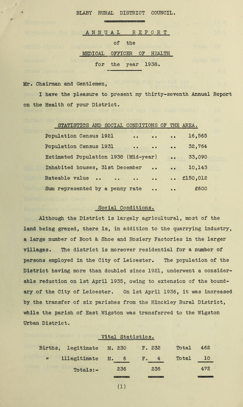 ANNUAL REPORT of the MEDICAL OFFICER OR HEALTH for the year 1938. Mr. Chairman and Gentlemen, I have the pleasure to present my thirty-seventh Annual Report on the Health of your District. STATISTICS AND SOCIAL CONDITIONS OF THE AREA. Population Census 1921 • • • • .. 16,565 Population Census 1931 • • • • .. 32,764 Estimated Population 1938 (Mid-year) .. 33,090 Inhabited houses, 31st December • • .. 10,143 Rateable value • • • • .. £150,012 Sum represented by a penny rate • • .. £600 Social Conditions. Although the District is largely agricultural, most of the land being grazed, there is, in addition to the quarrying industry, a large number of Boot & Shoe and Hosiery Factories in the larger villages. The district is moreover residential for a number of persons employed in the City of Leicester. The population of the District having more than doubled since 1921, underwent a consider- able reduction on 1st April 1935, owing to extension of the bound- ary of the City of Leicester. On 1st April 1936, it was increased by the transfer of six parishes from the Hinckley Rural District, while the parish of East Wigston was transferred to the Wigston Urban District. Vital Statistics. Births, legitimate M. 230 F. 232 Total 462 »* illegitimate M. 6 F. 4 Total 10 Totals:- 236 236 472