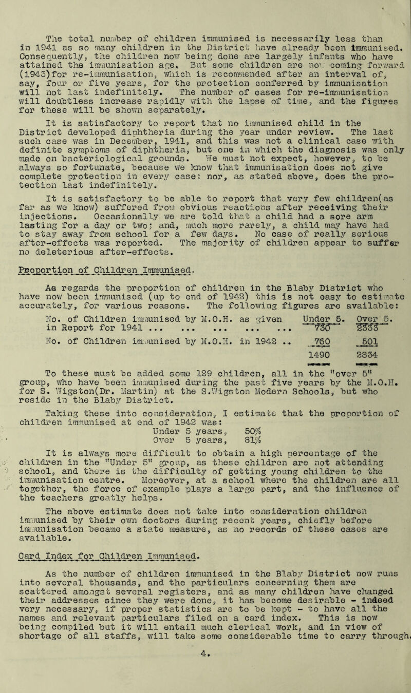 The total number of children immunised is necessarily less than in 1941 as so many children in the District have already been immunised. Consequently, the children now being done are largely infants who have attained the immunisation age. But some children are nov coming forward (1943)for re-immunisation* which is recommended after an interval of, say, four or five years, for the protection conferred by immunisation will not last indefinitely. The number of cases for re-immunisation will doubtless increase rapidly with the lapse of time, and the figures for these will be shown separately. It is satisfactory to report that no immunised child in the District developed diphtheria during the year under review. The last such case was in December, 1941, and this was not a clinical case with definite symptoms of diphtheria, but one in which the diagnosis was only made on bacteriological grounds. We must not expect, however, to be always so fortunate, because we know that immunisation does not give complete protection in every cases nor, as stated above, does the pro- tection last indefinitely. It is satisfactory to be able to report that very few children(as far as we know) suffered from obvious reactions after receiving their injections. Occasionally we are told that a child had a sore arm lasting for a day or two * and, much more rarely, a child may have had to stay away from school for a few days. No case of really serious after-effects was reported. The majority of children appear to suffer no deleterious after-effects. Ppoportion of Children Immunised. As regards the proportion of children in the Blaby District who have now been immunised (up to end of 194-2) this is not easy to estimate accurately. for various reasons. The following figures are available No. of Children immunised by in Report for 1941 M.O.H. as • • • • • given • • • • Under 5. “?3<r~ Over 5. No. of Children immunised by M.O.H. in 1942 .. 760 501 1490 2834 To these must be added some 129 children, all in the ’'over 5 group, who have been immunised during the past five years by the M.O.H. for S. Wigston(Dr. Martin) at the S.Wigston Modern Schools, but who reside in the Blaby District. Taking these into consideration, I estimate that the proportion of children immunised at end of 1942 was: Under 5 years, 50$ Over 5 years, 81$ It is always more difficult to obtain a high percentage of the children in the Under 5 group, as these children are not attending school, and there is the difficulty of getting young children to the immunisation centre. Moreover, at a school where the children are all together, the force of example plays a large part, and the influence of the teachers greatly helps. The above estimate does not take into consideration children immunised by their own doctors during recent years, chiefly before immunisation became a state measure, as no records of these cases are available. Card Index for Children Immunised. As the number of children immunised in the Blaby District now runs into several thousands, and the particulars concerning them are scattered amongst several registers, and as many children have changed their addresses since they were done, it has become desirable - indeed very necessary, if proper statistics are to be kept - to have all the names and relevant particulars filed on a card index. This is nov/ being compiled but it v/ill entail much clerical work, and in view of shortage of all staffs, v/ill take some considerable time to carry through,