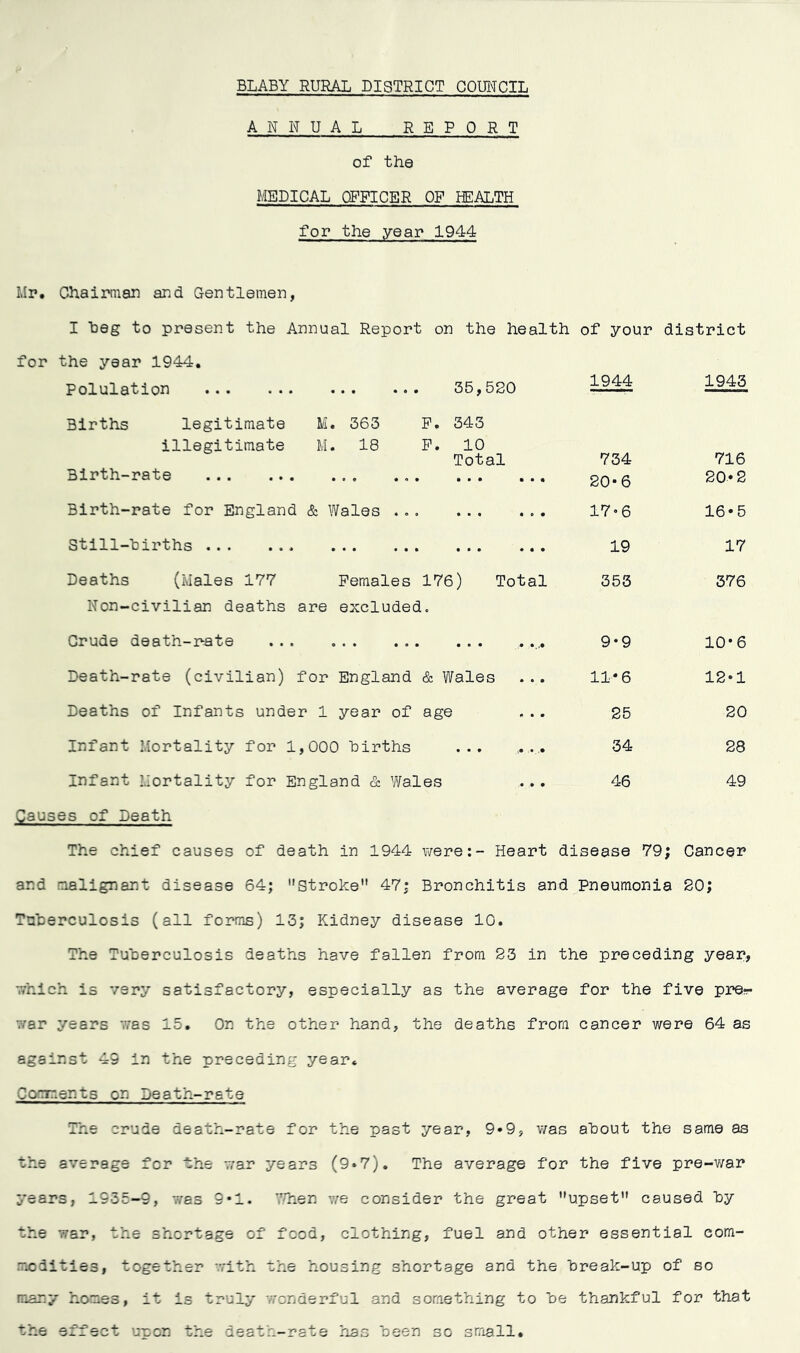 BLABY RURAL DISTRICT COUNCIL ANNUAL REPORT of the MEDICAL OFFICER OF HEALTH for the .year 1944 Mr. Chairman and Gentlemen, I beg to present the Annual Report on the health of your district for the year 1944. Polulation 35,520 Births legitimate M. 363 F. 343 illegitimate M. 18 F. 10 Total Birth-rate . Birth-rate for England & Wales Still-births Deaths (Males 177 Females 176) Total Non-civilian deaths are excluded. Crude death-rate Death-rate (civilian) for England & Wales ... Deaths of Infants under 1 year of age Infant Mortality for 1,000 births ... Infant Mortality for England & Wales . Causes of Death The chief causes of death in 1944 were:- Heart disease 79; Cancer and malignant disease 64; Stroke” 47; Bronchitis and Pneumonia 20; Tuberculosis (all forms) 13; Kidney disease 10. The Tuberculosis deaths have fallen from 23 in the preceding year, which is very satisfactory, especially as the average for the five pre- war years was 15. On the other hand, the deaths from cancer were 64 as against 49 in the preceding year. Comments on Death-rate The crude death-rate for the past year, 9*9, was about the same as the average for the war years (9*7). The average for the five pre-war years, 1935-9, was 9*1. When vre consider the great upset caused by the war, the shortage of food, clothing, fuel and other essential com- modities, together with the housing shortage and the break-up of so many hoaes, it is truly wonderful and something to be thankful for that the effect upon the death-rate has been so small. 1944 1943 734 20-6 716 20*2 17 • 6 16*5 19 17 353 376 9*9 10*6 11* 6 12*1 25 20 34 28 46 49