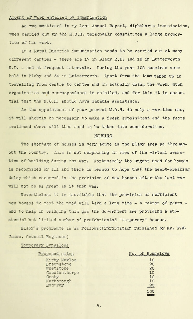 Amount of Work entailed by Immunisation As was mentioned in my last Annual Report, diphtheria immunisation, when carried out by the M.O.H. personally constitutes a large propor- tion of his work* In a Rural District immunisation needs to he carried out at many different centres - there are 17 in Blahy R.Do and 16 in Lutterworth R.D. - and at frequent intervals. During the year 102 sessions were held in Blahy and 34 in Lutterworth. Apart from the time taken up in travelling from centre to centre and in actually doing the work, much organization and correspondence is entailed, and for this it is essen- tial that the M.O.H. should have capable assistance. As the appointment of your present M.O.H. is only a war-time one, it will shortly he necessary to make a fresh appointment and the facts mentioned above will then need to he taken into consideration. HOUSING The shortage of houses is very acute in the Blahy area as through- out the country* This is not surprising in view of the virtual cessa- tion of building during the war. Fortunately the urgent need for houses is recognized by all and there is reason to hope that the heart-breaking delay which occurred in the provision of new houses after the last war will not he as great as it then was. Nevertheless it is inevitable that the provision of sufficient new houses to meet the need will take a long time - a matter of years - and to help in bridging this gap the Government are providing a sub- stantial but limited number of prefabricated temporary,, houses. Blaby’s programme is as follows;(information furnished by Mr. F.W. James, Council Engineer) Temporary Bungalows Proposed sites Kirby Muxloe Braunstone Y/hetstone Countesthorpe Cosby Narbo rough Endc rby No. of Bungalows 10 20 20 10 10 10 20 100 8