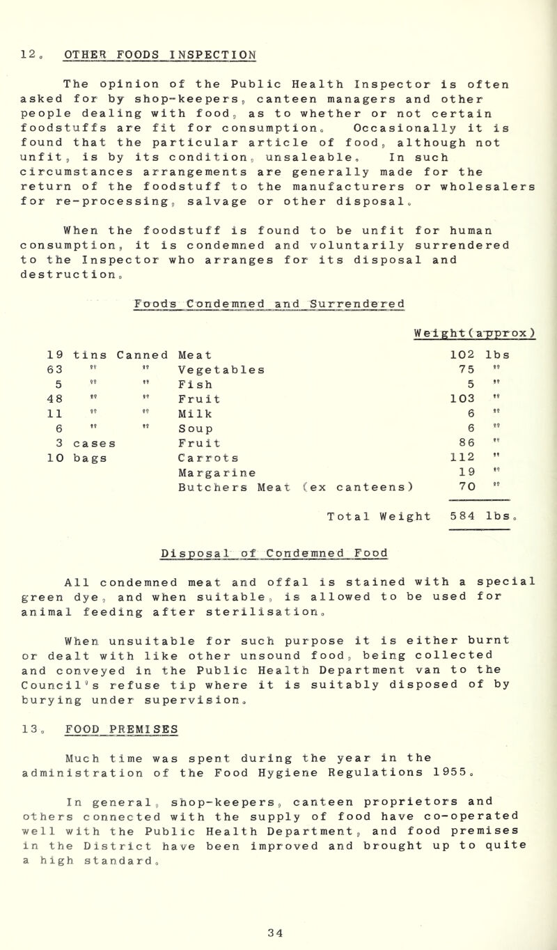 12 OTHER FOODS INSPECTION The opinion of the Public Health Inspector is often asked for by shop-keepers, canteen managers and other people dealing with food, as to whether or not certain foodstuffs are fit for consumptiono Occasionally it is found that the particular article of food, although not unfit, is by its condition, unsaleable. In such circumstances arrangements are generally made for the return of the foodstuff to the manufacturers or wholesalers for re-processing, salvage or other disposal. When the foodstuff is found to be unfit for human consumption, it is condemned and voluntarily surrendered to the Inspector who arranges for its disposal and destruction. Foods Condemned and Surrendered Wei ght ( a~pprox ) 19 tins Canned Meat 102 lbs 63 Vegetables 75 5 Fish 5 48 Fruit 103 »« 11 n 99 Milk 6 n 6 »9 n Soup 6 3 cases Fruit 86 n. 10 bags Carrots 112 Margarine 19 .9 Butchers Meat (ex canteens) 70 1! Total Weight 584 lbs. Disposal of Condemned Food All condemned meat and offal is stained with a special green dye, and when suitable, is allowed to be used for animal feeding after sterilisation. When unsuitable for such purpose it is either burnt or dealt with like other unsound food, being collected and conveyed in the Public Health Department van to the Council'’s refuse tip where it is suitably disposed of by burying under supervision, 13, FOOD PREMISES Much time was spent during the year in the administration of the Food Hygiene Regulations 1955, In general, shop-keepers, canteen proprietors and others connected with the supply of food have co-operated well with the Public Health Department, and food premises in the District have been improved and brought up to quite a high standard.