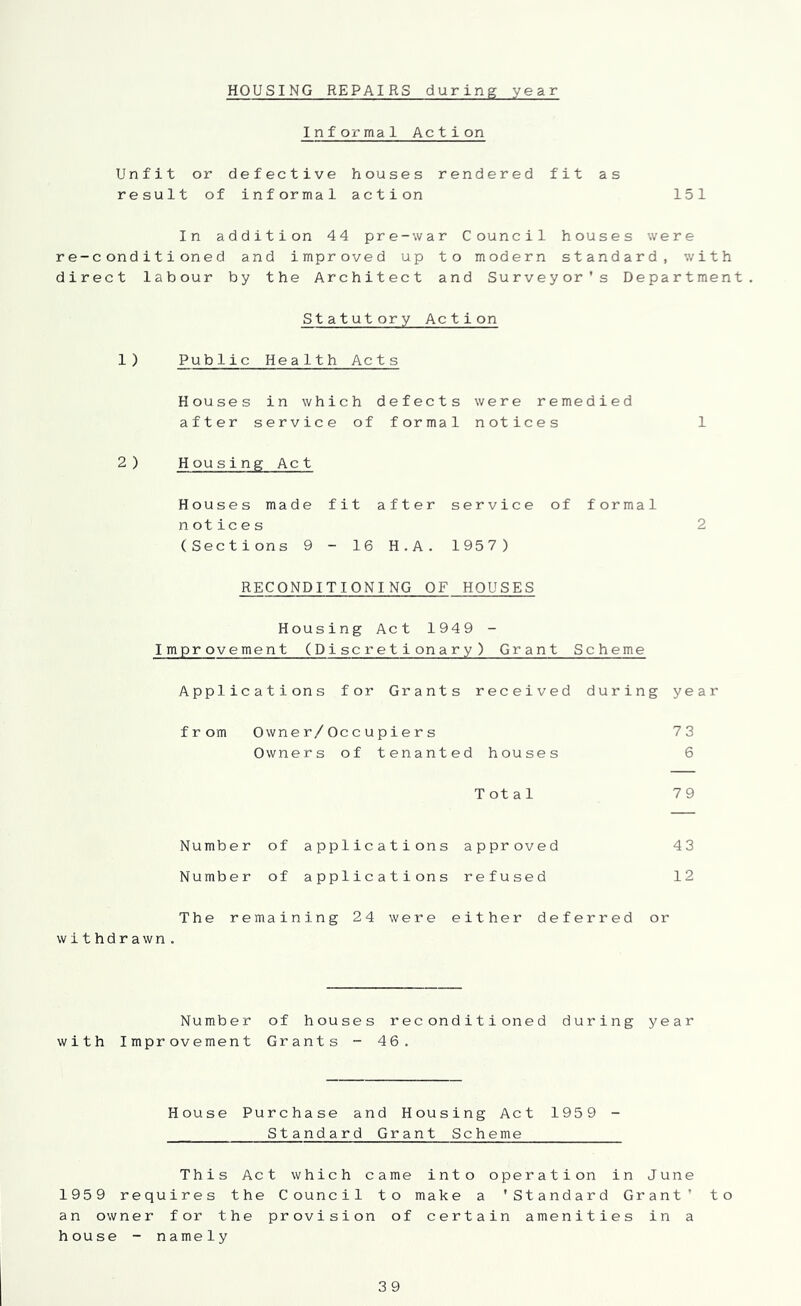 HOUSING REPAIRS during year Informal Action Unfit or defective houses rendered fit as result of informal action 151 In addition 44 pre-war Council houses were re-conditioned and improved up to modern standard, with direct labour by the Architect and Surveyor's Department. Statutory Action 1) Public Health Acts Houses in which defects were remedied after service of formal notices 1 2) Housing Act Houses made fit after service of formal notices 2 (Sections 9-16 H.A. 1957) RECONDITIONING OF HOUSES Housing Act 1949 - Improvement (Discretionary) Grant Scheme Applications for Grants received during year from Owner/Occupiers 73 Owners of tenanted houses 6 Total 79 Number of applications approved 43 Number of applications refused 12 The remaining 24 were either deferred or withdrawn. Number of houses reconditioned during year with Improvement Grants - 46. House Purchase and Housing Act 1959 - Standard Grant Scheme This Act which came into operation in June 1959 requires the Council to make a 'Standard Grant' to an owner for the provision of certain amenities in a house - name 1y