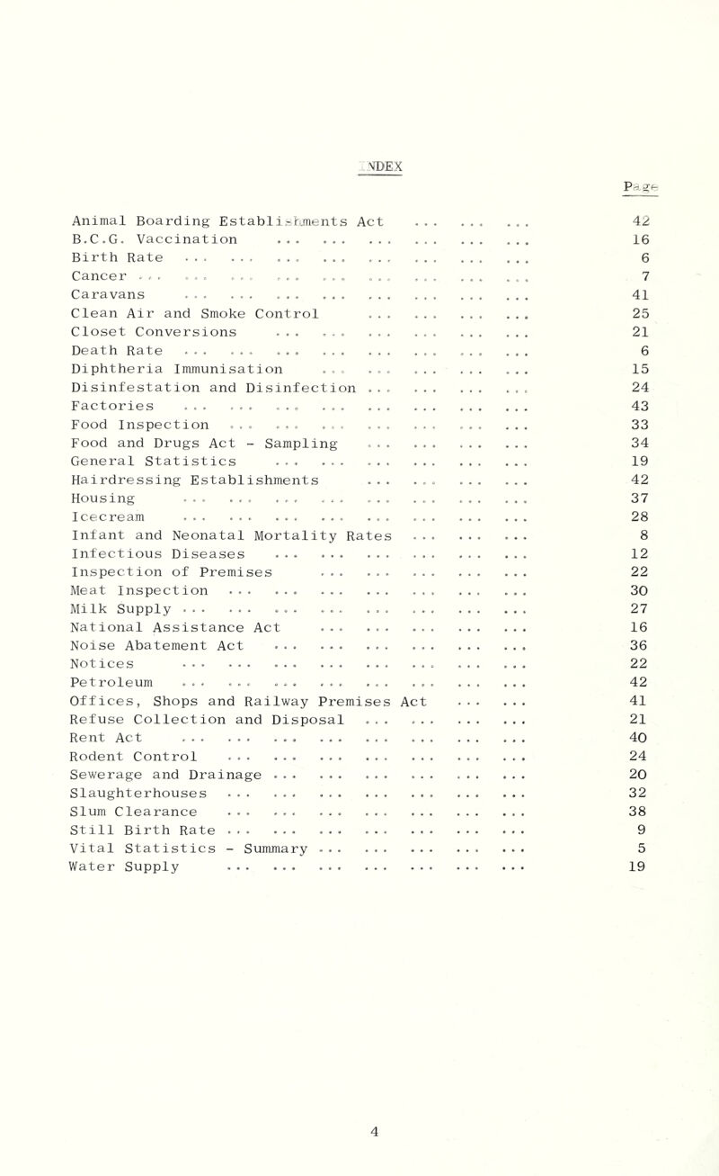 VDEX Animal Boarding Establishments Act ... 42 B.C.G. Vaccination 16 Birth Rate ... ... 6 Cancer ... ... ... ... ... ... ... ... ... 7 Caravans . 41 Clean Air and Smoke Control ... ... ... ... 25 Closet Conversions ... ... 21 Death Rate ... ... ... ... ... . 6 Diphtheria Immunisation ... , ... 15 Disinfestation and Disinfection 24 Factories ... ... . . » ... ... 43 Food Inspection ... ... ... ... ... 33 Food and Drugs Act - Sampling . 34 General Statistics ... . 19 Hairdressing Establishments 42 Housing ... ... ... ... ... ... ... ... 37 Icecream ... ... ... ... ... . 28 Infant and Neonatal Mortality Rates 8 Infectious Diseases ... ... ... 12 Inspection of Premises 22 Meat Inspection ... ... ... ... ... 30 Milk Supply ... ... ... ... ... 27 National Assistance Act ... 16 Noise Abatement Act ... 36 Notices 22 Petroleum ... ... ... ... ... ... ... ... 42 Offices, Shops and Railway Premises Act 41 Refuse Collection and Disposal 21 Rent Act . 40 Rodent Control . ... 24 Sewerage and Drainage 20 Slaughterhouses ... ... 32 Slum Clearance ... - 38 Still Birth Rate . 9 Vital Statistics - Summary . 5 Water Supply 19