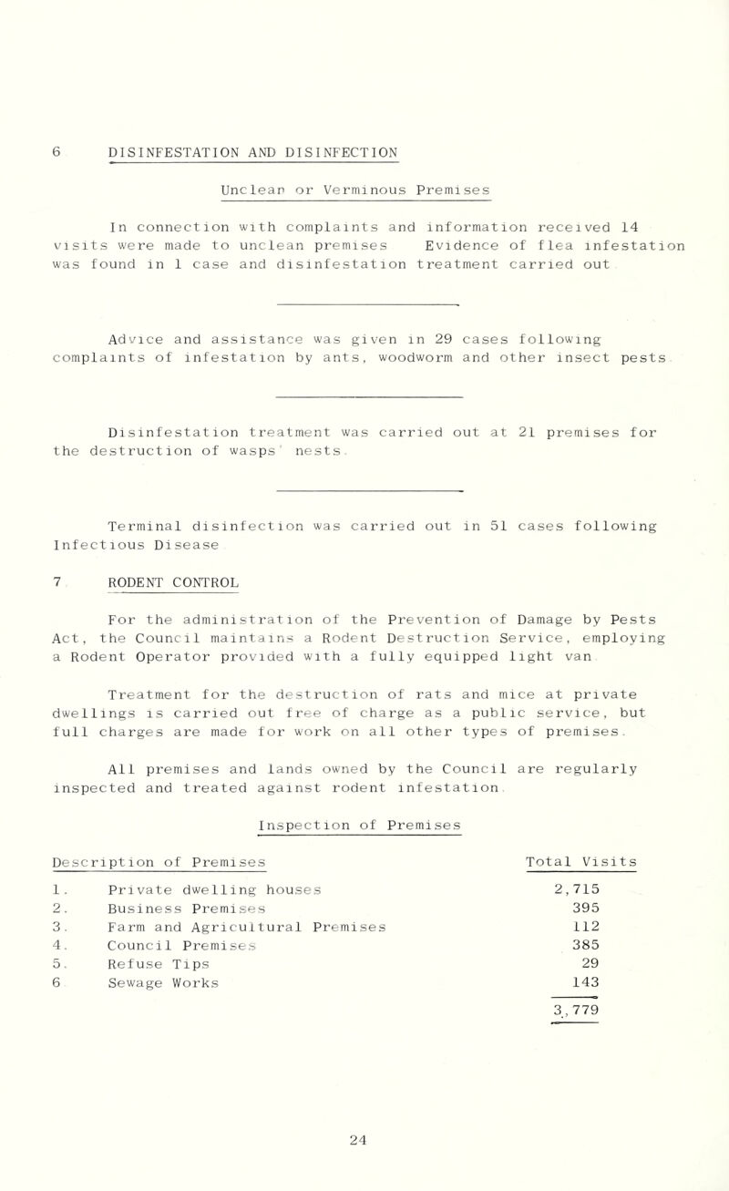 6 DISINFESTATION AND DISINFECTION Unclean or Verminous Premises In connection with complaints and information received 14 visits were made to unclean premises Evidence of flea infestation was found in 1 case and disinfestation treatment carried out Advice and assistance was given in 29 cases following complaints of infestation by ants, woodworm and other insect pests Disinfestation treatment was carried out at 21 premises for the destruction of wasps' nests. Terminal disinfection was carried out in 51 cases following Infectious Disease 7 RODENT CONTROL For the administration of the Prevention of Damage by Pests Act, the Council maintains a Rodent Destruction Service, employing a Rodent Operator provided with a fully equipped light van Treatment for the destruction of rats and mice at private dwellings is carried out free of charge as a public service, but full charges are made for work on all other types of premises. All premises and lands owned by the Council are regularly inspected and treated against rodent infestation Inspection of Premises Description of Premises Total Visits 1. Private dwelling houses 2,715 2. Business Premises 395 3. Farm and Agricultural Premises 112 4. Council Premises 385 5, Refuse Tips 29 6 Sewage Works 143 3,779