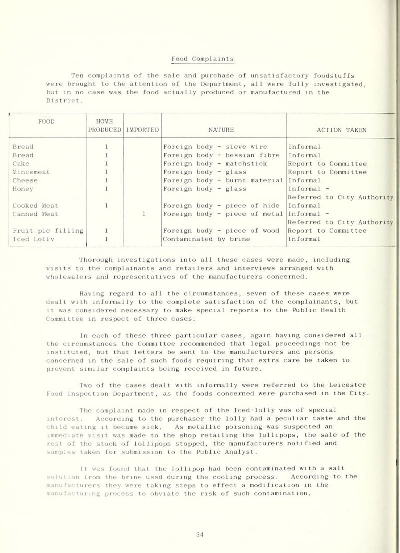 Food Complaints Ten complaints of the sale and purchase of unsatisfactory foodstuffs were brought to the attention of the Department, all were fully investigated, but in no case was the food actually produced or manufactured in the District. 1 FOOD HOME PRODUCED IMPORTED NATURE ACTION TAKEN Bread 1 Foreign body - sieve wire Informal Bread 1 Foreign body - hessian fibre Informal Cake 1 Foreign body - matchstick Report to Committee Mincemeat 1 Foreign body - glass Report to Committee Cheese 1 Foreign body - burnt material Informal Honey 1 Foreign body - glass Informal - Referred to City Authority Cooked Meat 1 Foreign body - piece of hide Informal Canned Meat 1 Foreign body - piece of metal Informal - Referred to City Authority Fruit pie filling 1 Foreign body - piece of wood Report to Committee Iced Lolly 1 Contaminated by brine Informal Thorough investigations into all these cases were made, including visits to the complainants and retailers and interviews arranged with wholesalers and representatives of the manufacturers concerned. Having regard to all the circumstances, seven of these cases were dealt with informally to the complete satisfaction of the complainants, but it was considered necessary to make special reports to the Public Health Committee in respect of three cases. In each of these three particular cases, again having considered all the circumstances the Committee recommended that legal proceedings not be instituted, but that letters be sent to the manufacturers and persons concerned in the sale of such foods requiring that extra care be taken to prevent similar complaints being received in future. Two of the cases dealt with informally were referred to the Leicester Food Inspection Department, as the foods concerned were purchased in the City. The complaint made in respect of the Iced-lolly was of special interest. According to the purchaser the lolly had a peculiar taste and the child eating it became sick. As metallic poisoning was suspected an immediate visit was made to the shop retailing the lollipops, the sale of the rest of the stock of lollipops stopped, the manufacturers notified and samples taken for submission to the Public Analyst. It was found that the lollipop had been contaminated with a salt solution from the brine used during the cooling process. According to the manufacturers they were taking steps to effect a modification in the manufacturing process to obviate the risk of such contamination.