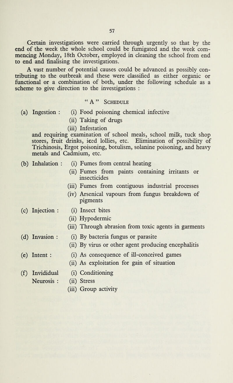 Certain investigations were carried through urgently so that by the end of the week the whole school could be fumigated and the week com- mencing Monday, 18th October, employed in cleaning the school from end to end and finalising the investigations. A vast number of potential causes could be advanced as possibly con- tributing to the outbreak and these were classified as either organic or functional or a combination of both, under the following schedule as a scheme to give direction to the investigations : “ A ” Schedule (a) Ingestion : (i) Food poisoning chemical infective (ii) Taking of drugs (iii) Infestation and requiring examination of school meals, school milk, tuck shop stores, fruit drinks, iced lollies, etc. Elimination of possibility of Trichinosis, Ergot poisoning, botulism, solanine poisoning, and heavy metals and Cadmium, etc. (b) Inhalation : (i) (ii) (iii) (iv) (c) Injection : (i) (ii) (iii) (d) Invasion : (i) (ii) (e) Intent : (i) (ii) (f) Invididual (i) Neurosis : (ii) (iii) Fumes from central heating Fumes from paints containing irritants or insecticides Fumes from contiguous industrial processes Arsenical vapours from fungus breakdown of pigments Insect bites Hypodermic Through abrasion from toxic agents in garments By bacteria fungus or parasite By virus or other agent producing encephalitis As consequence of ill-conceived games As exploitation for gain of situation Conditioning Stress Group activity