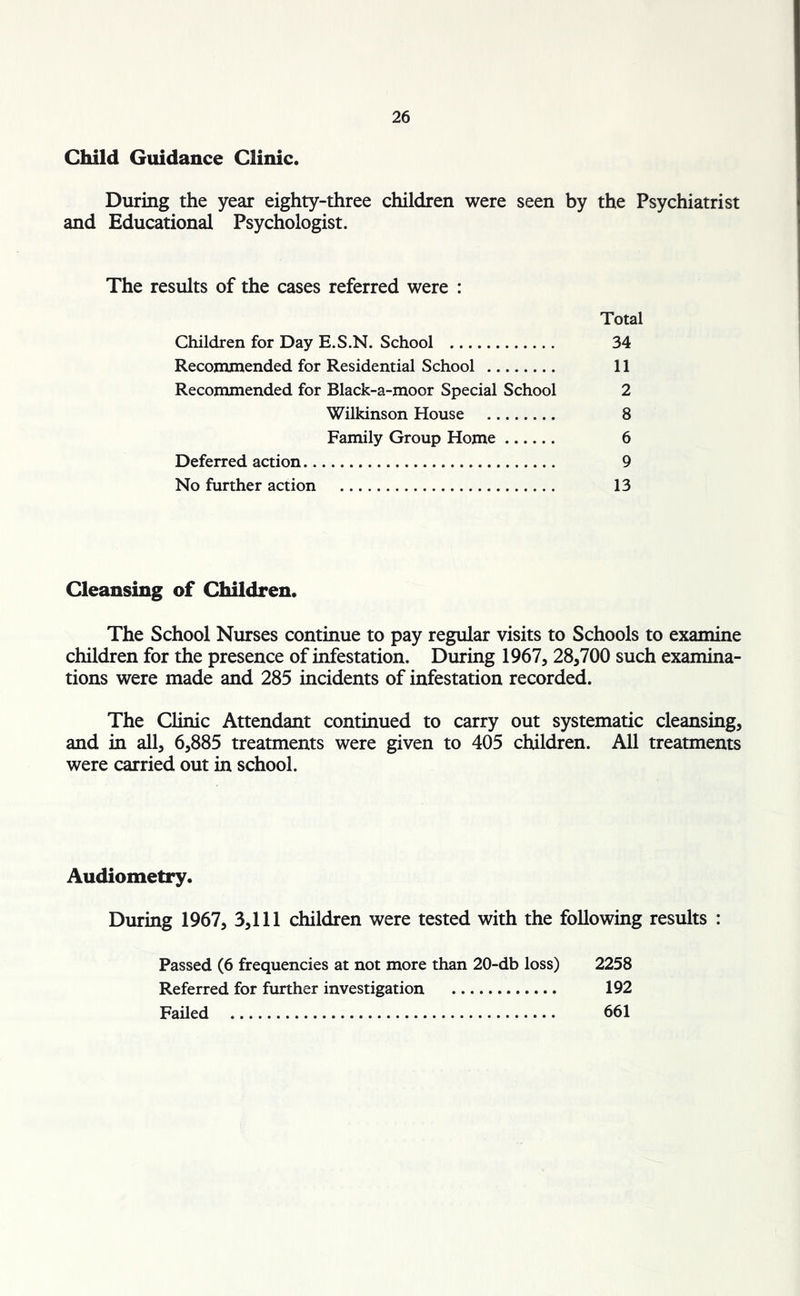 Child Guidance Clinic. During the year eighty-three children were seen by the Psychiatrist and Educational Psychologist. The results of the cases referred were : Total Children for Day E.S.N. School 34 Recommended for Residential School 11 Recommended for Black-a-moor Special School 2 Wilkinson House 8 Family Group Home 6 Deferred action 9 No further action 13 Cleansing of Children. The School Nurses continue to pay regular visits to Schools to examine children for the presence of infestation. During 1967, 28,700 such examina- tions were made and 285 incidents of infestation recorded. The Clinic Attendant continued to carry out systematic cleansing, and in all, 6,885 treatments were given to 405 children. All treatments were carried out in school. Audiometry. During 1967, 3,111 children were tested with the following results : Passed (6 frequencies at not more than 20-db loss) 2258 Referred for further investigation 192 Failed 661