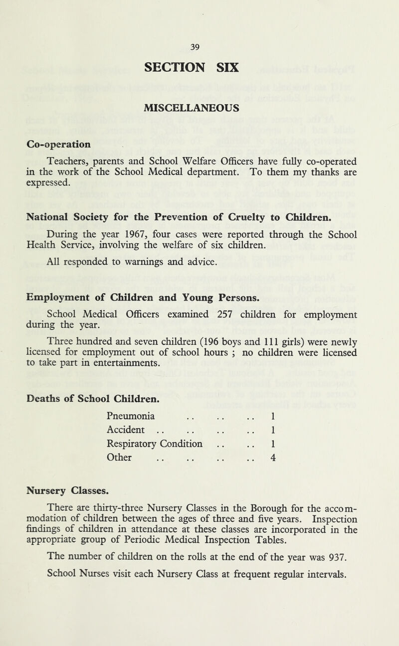 SECTION SIX MISCELLANEOUS Co-operation Teachers, parents and School Welfare Officers have fully co-operated in the work of the School Medical department. To them my thanks are expressed. National Society for the Prevention of Cruelty to Children. During the year 1967, four cases were reported through the School Health Service, involving the welfare of six children. All responded to warnings and advice. Employment of Children and Young Persons. School Medical Officers examined 257 children for employment during the year. Three hundred and seven children (196 boys and 111 girls) were newly licensed for employment out of school hours ; no children were licensed to take part in entertainments. Deaths of School Children. Pneumonia Accident Respiratory Condition Other 1 1 4 Nursery Classes. There are thirty-three Nursery Classes in the Borough for the accom- modation of children between the ages of three and five years. Inspection findings of children in attendance at these classes are incorporated in the appropriate group of Periodic Medical Inspection Tables. The number of children on the rolls at the end of the year was 937. School Nurses visit each Nursery Class at frequent regular intervals.