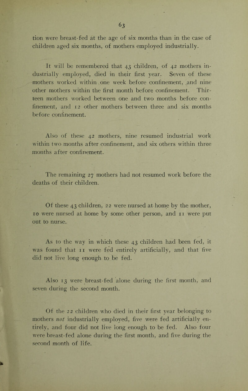 tion were breast-fed at the age of six months than in the case of children aged six months, of mothers employed industrially. It will be remembered that 43 children, of 42 mothers in- dustrially employed, died in their first year. Seven of these mothers worked within one week before confinement, ^and nine other mothers within the first month before confinement. Thir- teen mothers worked between one and two months before con- finement, and 12 other mothers betwefen three and six months before confinement. Also of these 42 mothers, nine resumed industrial work within two months after confinement, and six others within three months after confinement. The remaining 27 mothers had not resumed work before the deaths of their children. Of these 43 children, 22 were nursed at home by the mother, 10 were nursed at home by some other person, and ii were put out to nurse.. As to the way in which these 43 children had been fed, it was found that ii were fed entirely artificially, and that five did not live long enough to be fed. Also 13 were breast-fed alone during the first month, and seven during the second month. Of the 22 children who died in their first year belonging to mothers not industrially employed, five were fed artificially en- tirely, and four did not live long enough to be fed. Also four were breast-fed alone during the first month, and five during the second month of life. %