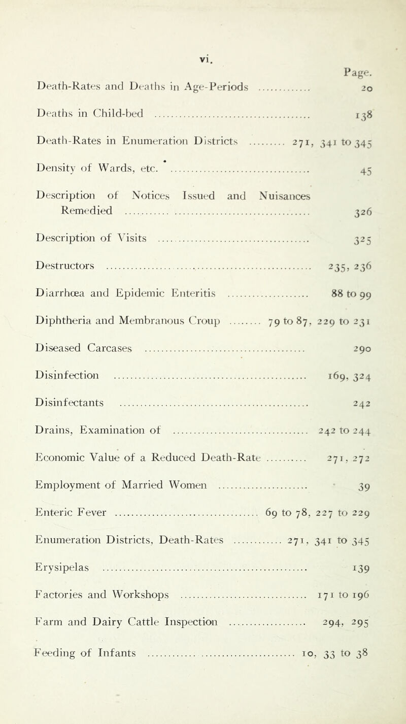 Death-Rates and Deaths in Age-Periods Deaths in Child-bed Death-Rates in Enumeration Districts 271, Density of Wards, etc Description of Notices Issued and Nuisances Remedied Description of Visits Destructors Diarrhoea and Epidemic Enteritis Diphtheria and Membranous Croup 79 to 87, Diseased Carcases Disinfection Disinfectants Drains, Examination of Economic Value of a Reduced Death-Rate Employment of Married Women Enteric Fever 69 to 78, Enumeration Districts, Death-Rates 271, Erysipelas Factories and Workshops Farm and Dairy Cattle Inspection Page. 20 138 341 to 345 45 326 325 235. 236 88 to 99 229 to 231 290 169,324 242 242 to 244 27], 272 39 227 to 229 341 to 345 139 17 I to 196 294, 295 Feeding of Infants 10, 33 to 38