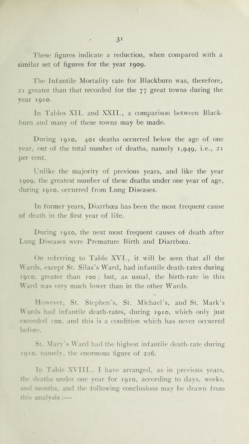 'I'liese ligiires indicate a reduction, when compared with a similar set of figures for the year 1909. The Infantile Mortality rate for Blackburn was, therefore, 21 greater than that recorded for the 77 great towns during the year 1910. In Tables XII. and XXII., a comparison between Black- burn and many of these towms may be made. During 1910, 401 deaths occurred below the age of one year, out of the total number of deaths, namely 1,949, i.e., 21 per cent. Unlike the majority of previous years, and like the year 1909. the greatest number of these deaths under one year of age, during 1910. occurred from Lung Diseases. In former years, Diarrhoea has been the most frequent cause of death in the first year of life. During 1910, the next most frequent causes of death after Lung Diseases Avere Premature Birth and Diarrhoea. ()n referring to Table XVL, it will be seen that all the Wards, except St. Silas’s Ward, had infantile death-rates during 1910. greater than 100 ; but, as usual, the birth-rate in this Ward was very much low^'er than in the other Wards. However, St. Stephen’s, St. Michael’s, and St. Mark’s Wards had infantile death-rates, during 1910, which only just excetirded roo. and this is a condition which has never occurred before. Mary's Ward had the highest infantile death-rate during 1910. namely, the enormous figure of 226. Ifi Table X^TIL. I have arranged, as in previous years, th • d^ ;ths under one year for 1910, according to days, wrecks, arM! nv-nths. and the following conclusions may be drawm from t’ ar.dvsis ; —