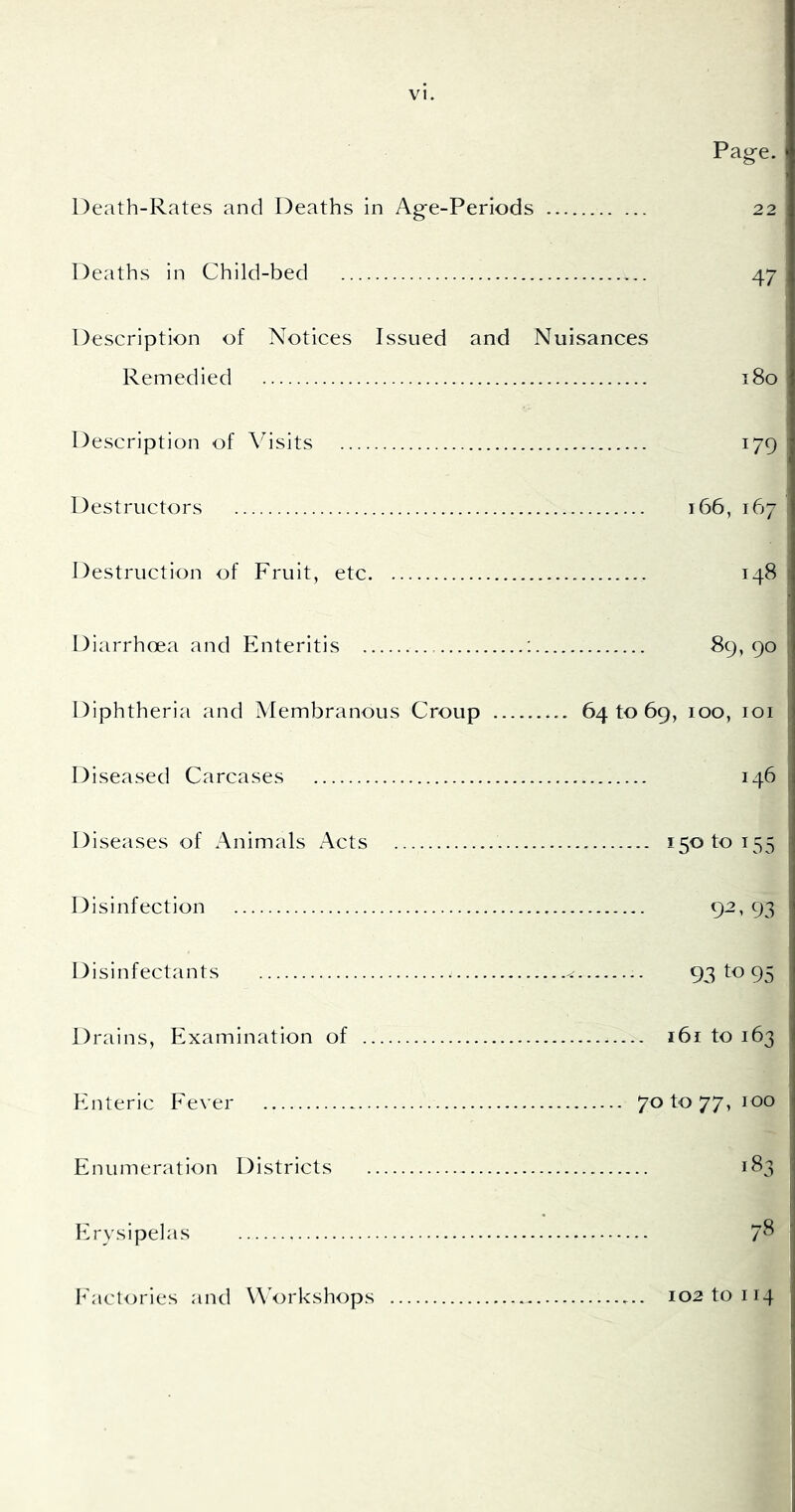 Page. Death-Rates and Deaths in Ag'e-Perlods Deaths in Child-bed Description of Notices Issued and Nuisances Remedied Description of Visits Destructors Destruction of Fruit, etc. Diarrhoea and Enteritis 22 47 i8o 179 166, 167 148 89, 90 Diphtheria and Membranous Croup 641069, 100, loi , Diseased Carcases 146 Diseases of Animals Acts 15010155 Disinfection Disinfectants 9^^ 93 93 to 95 Drains, Examination of 161 to 163 Enteric Eever 701077,100 Enumeration Districts Erysipelas 183 78 h'aclories and Workshops 102 to 114