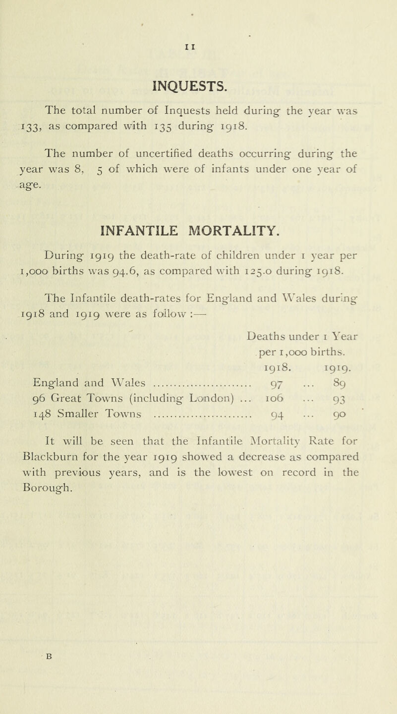 INQUESTS. The total number of Inquests held during^ the year was 133, as compared with 135 during 1918. The number of uncertified deaths occurring during the year was 8, 5 of which were of infants under one year of -age. INFANTILE MORTALITY. During 1919 the death-rate of children under i year per 1,000 births was 94.6, as compared with 125.0 during 1918. The Infantile death-rates for England and Wales during 1918 and 1919 were as follow :— Deaths under i Year per 1,000 births. 1918. 1919* England and Wales 97 ... 89 96 Great Towns (including London) ... 106 ... 93 148 Smaller Towns 94 ... 90 It will be seen that the Infantile Mortality Rate for Blackburn for the year 1919 showed a decrease as compared wdth previous years, and is the lowest on record in the Borough. B