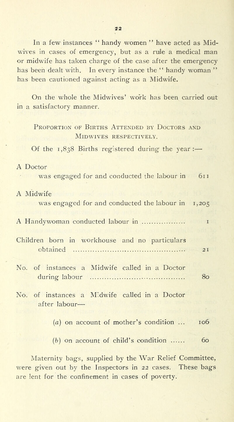 In a few instances “ handy women ” have acted as Mid- wives in cases of emergency, but as a rule a medical man or midwife has taken charge of the case after the emergency has been dealt with. In every instance the “ handy woman ” has been cautioned against acting as a Midwife. On the whole the Midwives’ work has been carried out in a satisfactory manner. ProportiOxV of Births Attended by Doctors and Midwives respectively. Of the 1,838 Births registered during the year:— A Doctor was engaged for and conducted the labour in 611 A Midwife Vvas engaged for and conducted the labour in 1,205 A Handy woman conducted labour in i Children born in workhouse and no particulars obtained 21 No. of instances a Midwife called in a Doctor during labour 80 No. of instances a Midwife called in a Doctor after labour—• (a) on account of mother’s condition ... 106 (h) on account of child’s condition 60 Maternity bags, supplied by the War Relief Committee, were given out by the Inspectors in 22 cases. These bags are lent for the confinement in cases of poverty.