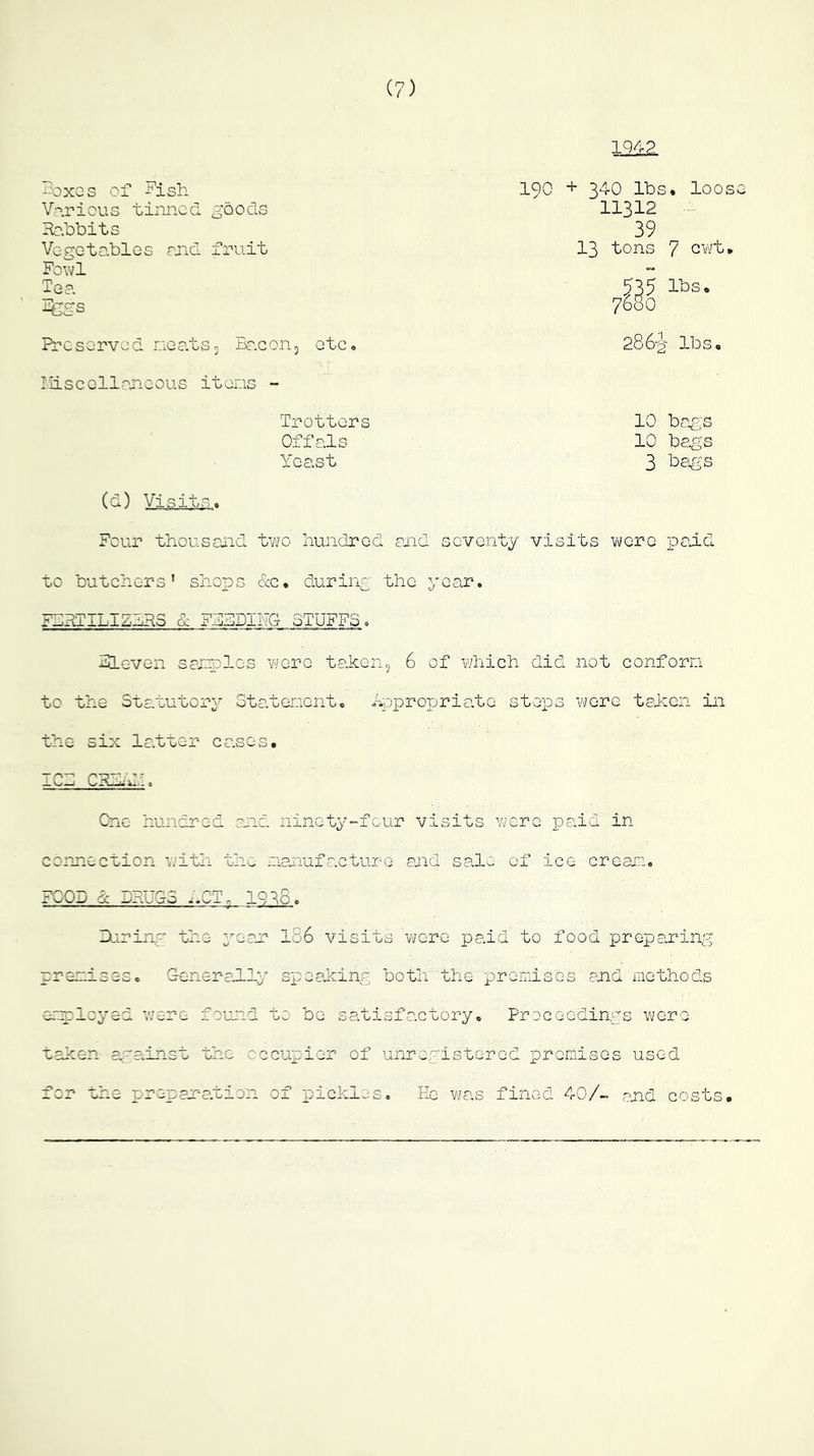 ^0X0s of ?ish Various tinned goo els Ho.bbits Vc-gGto.bles riid fruit Fowl To?, ilfegs Fresorved noatSj Er.conj etc. Iliscollojieous it ores - Trotters Offnls Yeast (b) iqt2 190 + 340 lbs, loos 11312 ■■ 39 13 tons 7 GVi/t» 535 lbs* 7680 28 6-^ IbSe 10 bags 10 bags 3 bag's Four thousaaid two hundred aiid seventy visits v\/crG padd to butchers’ shops &c. during the year. FIRTILIZIRS & F-TYDIhG STUFFS 0 Th-Gven sanples v/ere taken5 6 of which did not conform to the Statutory Statement, Appropriate steps Vi/ere taJeen in the six latter cases. -lC—i CF-h'd- 0 One hundred and ninety-four visits v>/Grc paid in connection with the manufacture aaid sale of ice cream, FOOD d DRUGS .iCT, 19^8, IjU.ring the yean I86 visits were paid to food preparing pr-emises. Generadly speaning both the premises and xaethods employed v/ere found to be satisfactory. Proceedings were tenen aga;inst the occupier of unregistered premises used for the prepana.tion of pickles. Kc V7as fined 40/- and costs.